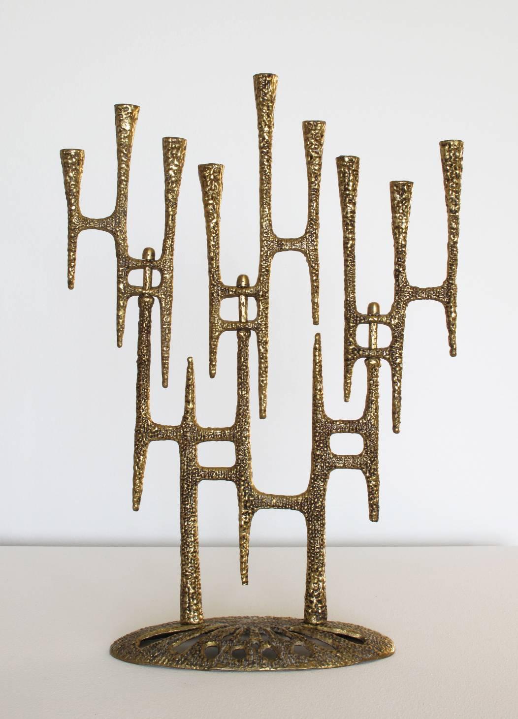 Decorative Brutalist Style Brass Menorah, Handmade in Israel, 1970s For Sale 2