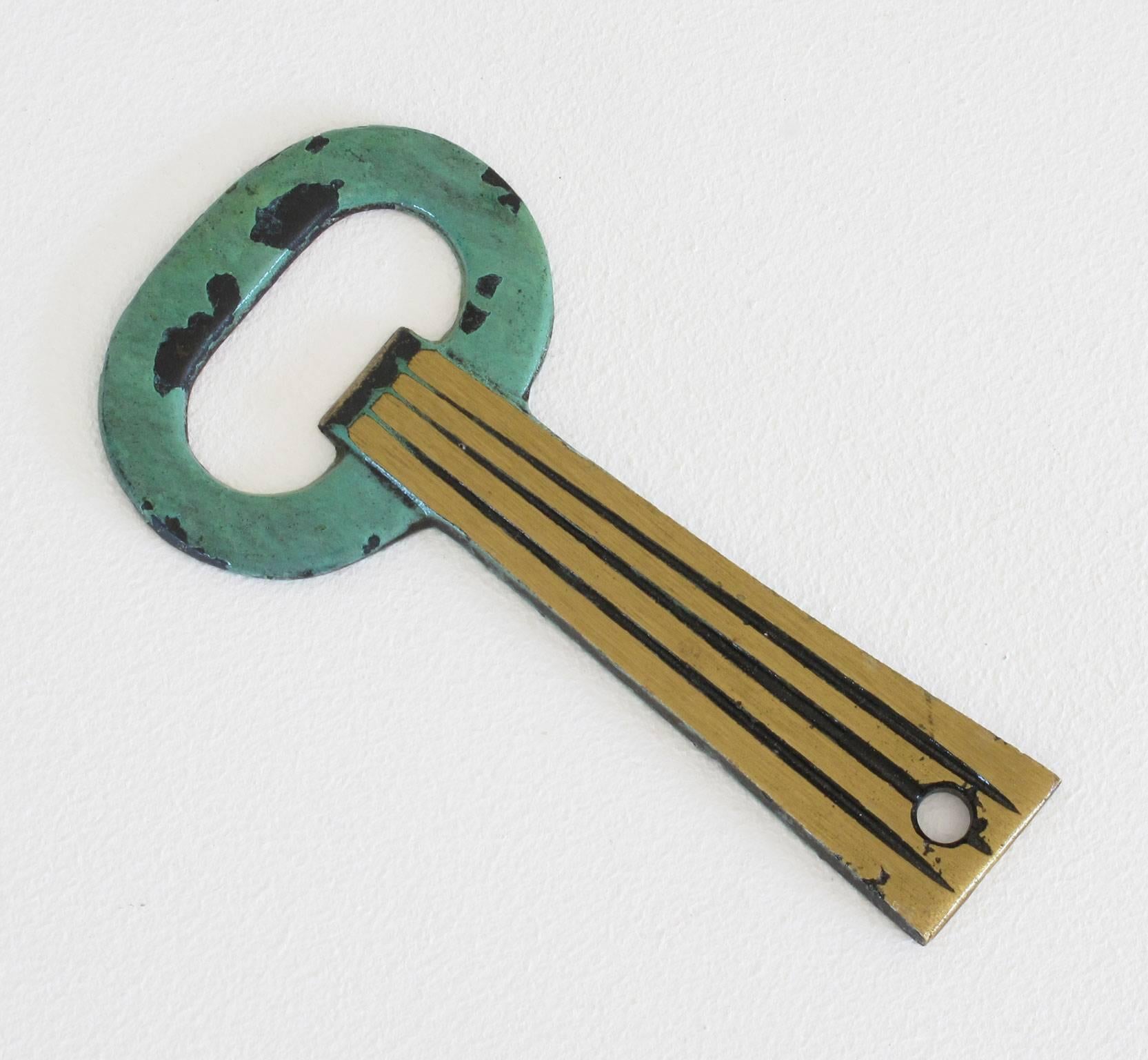 Israeli Solid Brass Key Shaped Bottle Opener with Verdigris Patina For Sale