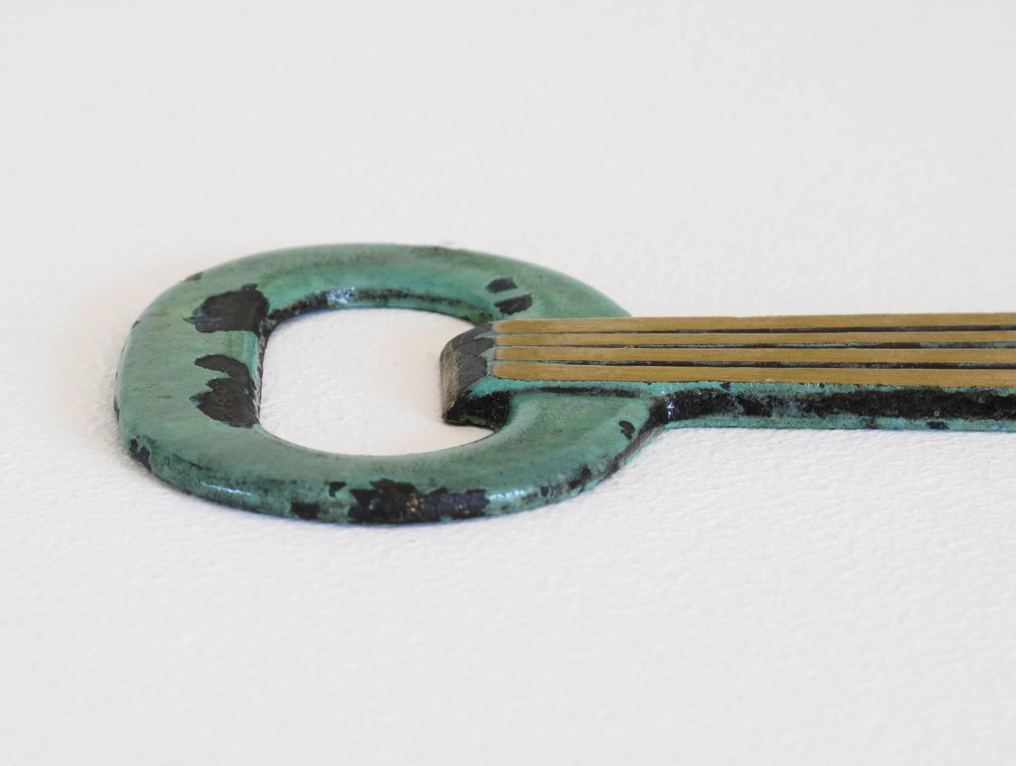 Solid Brass Key Shaped Bottle Opener with Verdigris Patina In Good Condition For Sale In Los Angeles, CA