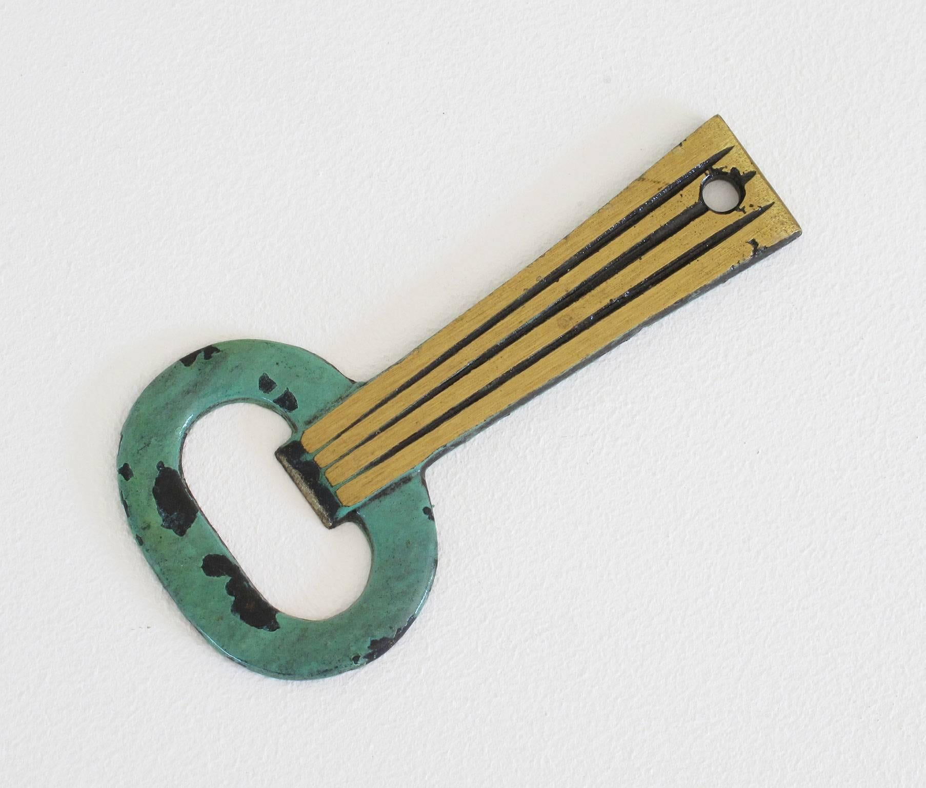 Solid Brass Key Shaped Bottle Opener with Verdigris Patina For Sale 3