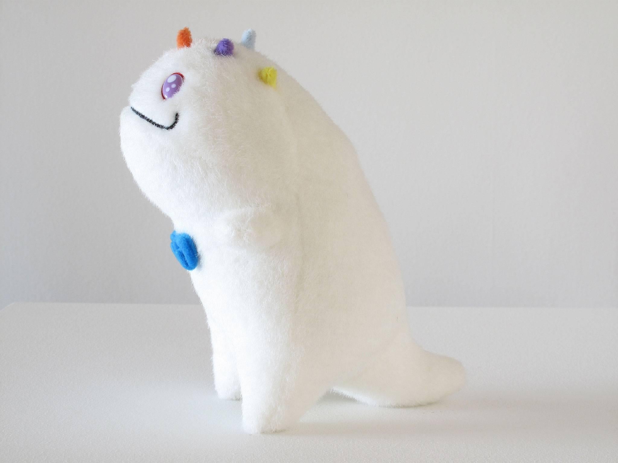 Fun, fuzzy friend by Takashi Murakami, Anime style, fantasy creature, plush toy, art doll made in Japan, acquired from Moca 'Murakami' exhibition in 2007. Dimensions: 7.25 high x 4 wide x 6.5 deep inches.