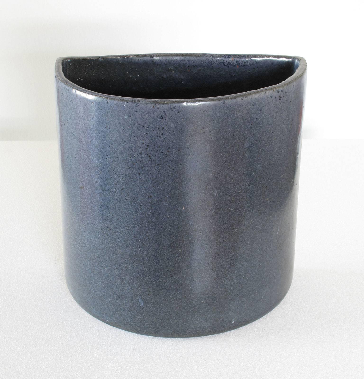 David Cressey 'wall pocket', stoneware, glazed dark blue, 1960s, Pro Artisan Collection, Architectural Pottery, Los Angeles, California, 8 high x 8 wide x 5 deep inches.