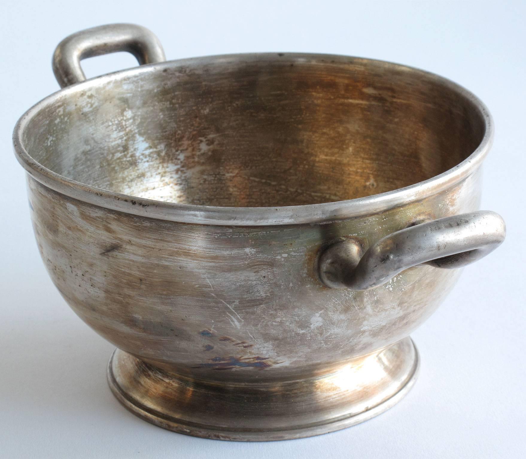 Antique Sterling Silver Bowl with Base and Handles, Mangalia, Romania In Fair Condition For Sale In Los Angeles, CA