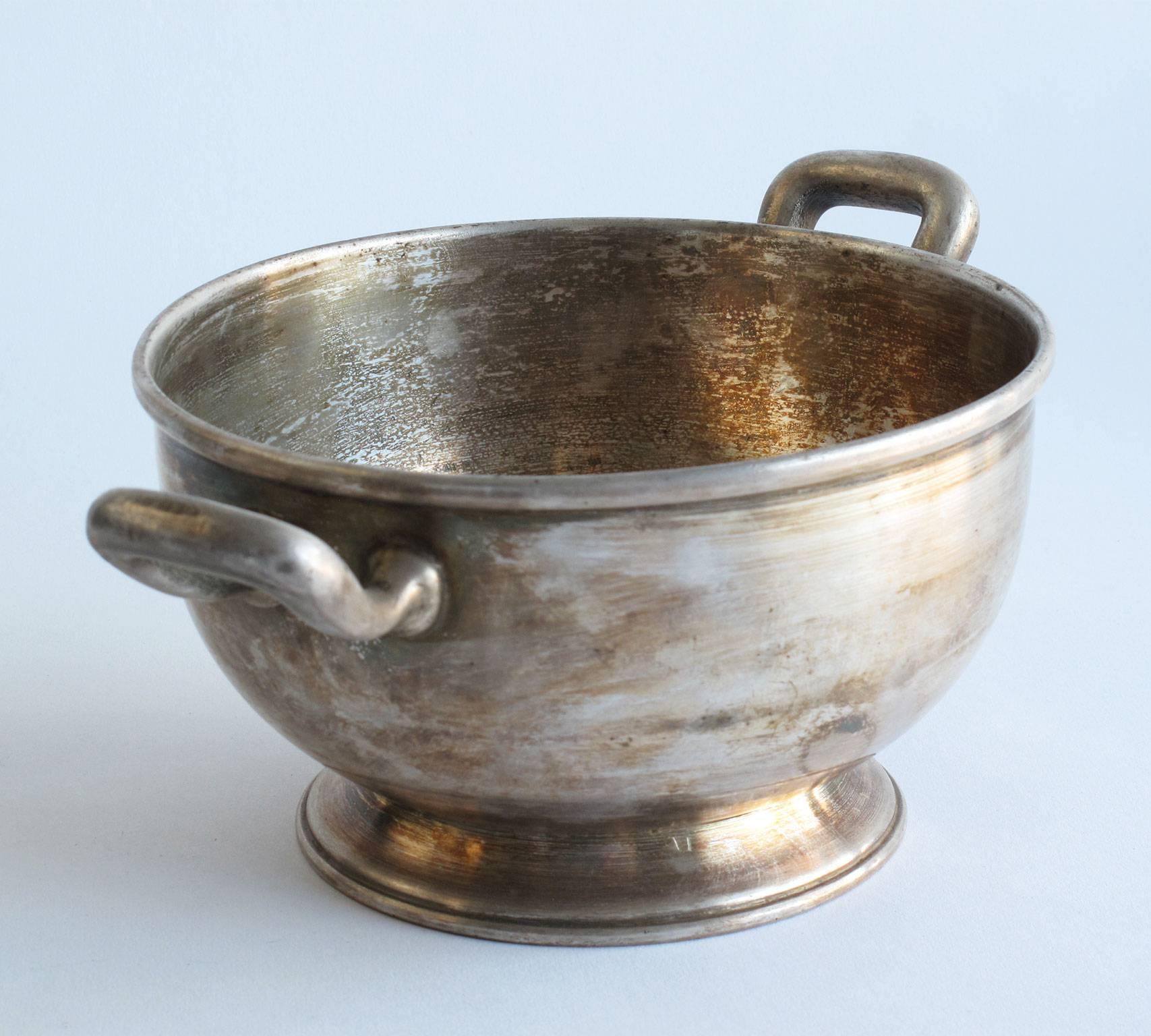 Romanian Antique Sterling Silver Bowl with Base and Handles, Mangalia, Romania For Sale