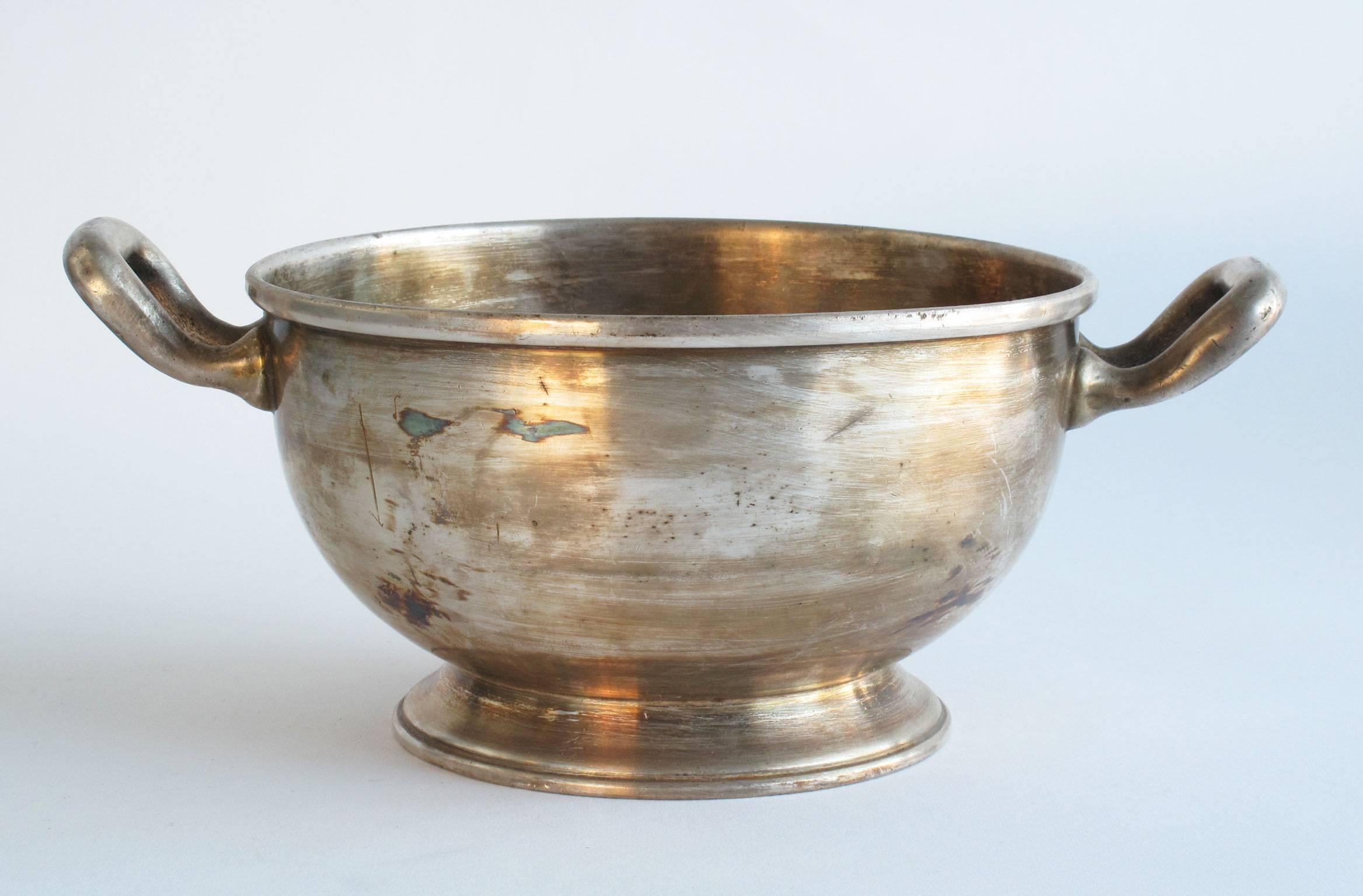 Antique sterling silver serving bowl with base and handles, stamped 'IHR' and 'MANGALIA' on the bottom, heavily patinated surface, a nice decorative and functional piece. Measures: 4.5 high x 7.25 diameter inches.