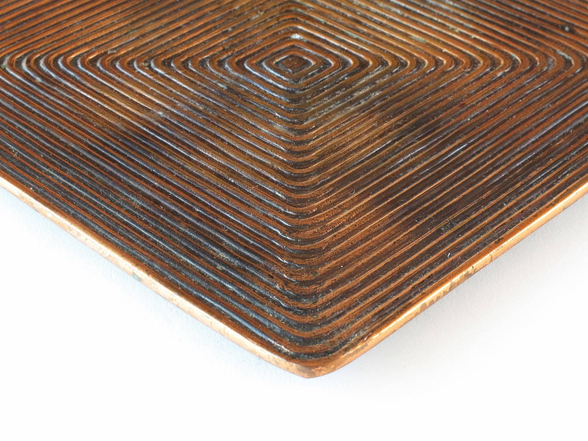 Ben Seibel tray or trivet, copper plated metal, 1950s, Jenfred Ware, New York, 1/2 high x 6 7/8 wide x 6 7/8 deep inches.