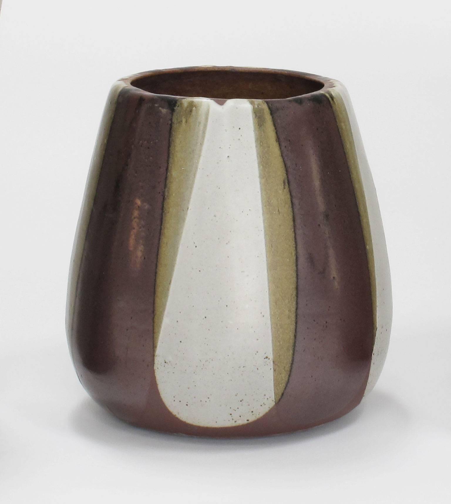 David Cressey 'Flame' glaze design, stoneware, glazed, 1960s, Pro Artisan collection, architectural pottery, Los Angeles, California, measures: 13.5 high x 12 diameter inches.