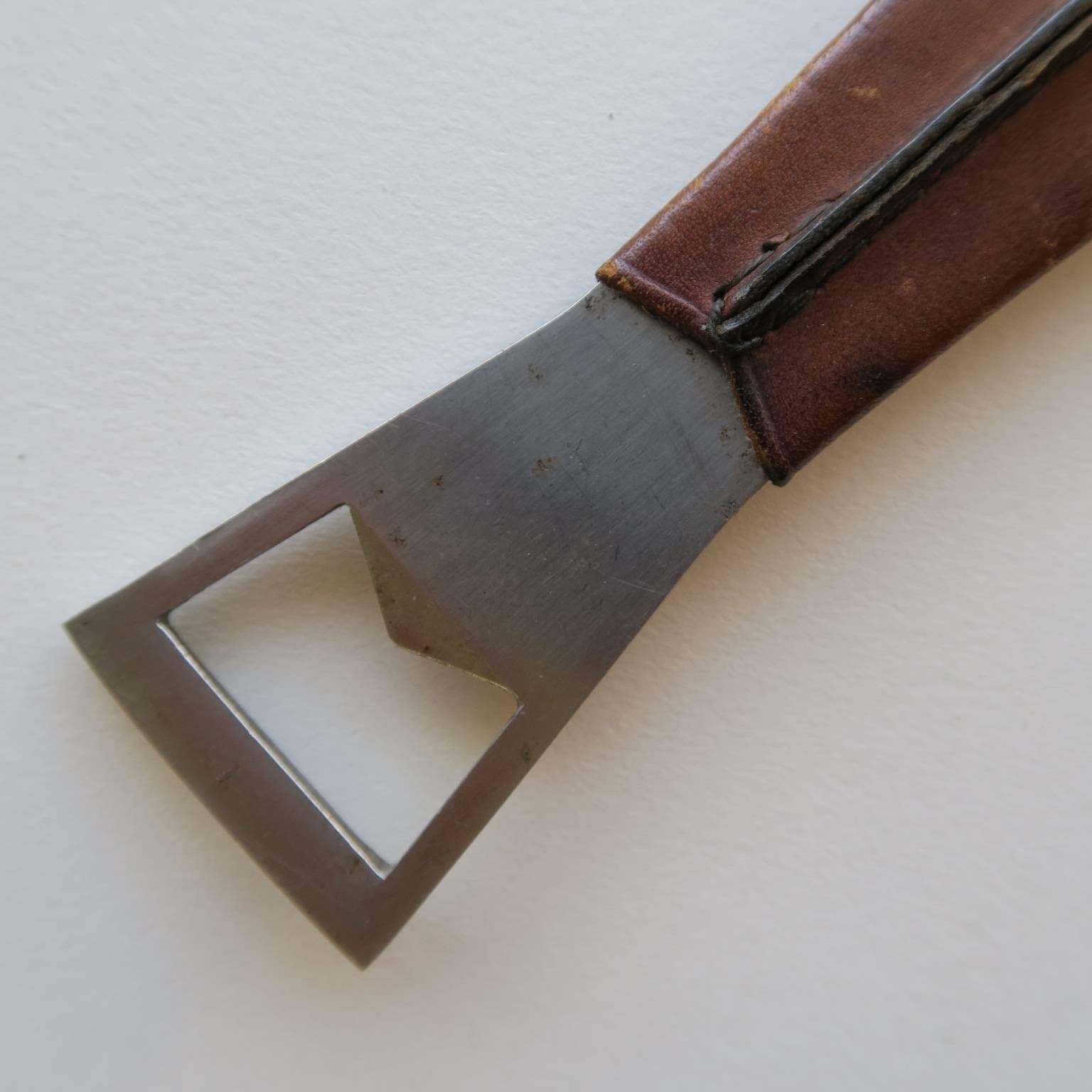 Carl Auböck 'Neptune' Bottle Opener with Brown Leather Wrapped Handle, 1960s In Good Condition For Sale In Los Angeles, CA