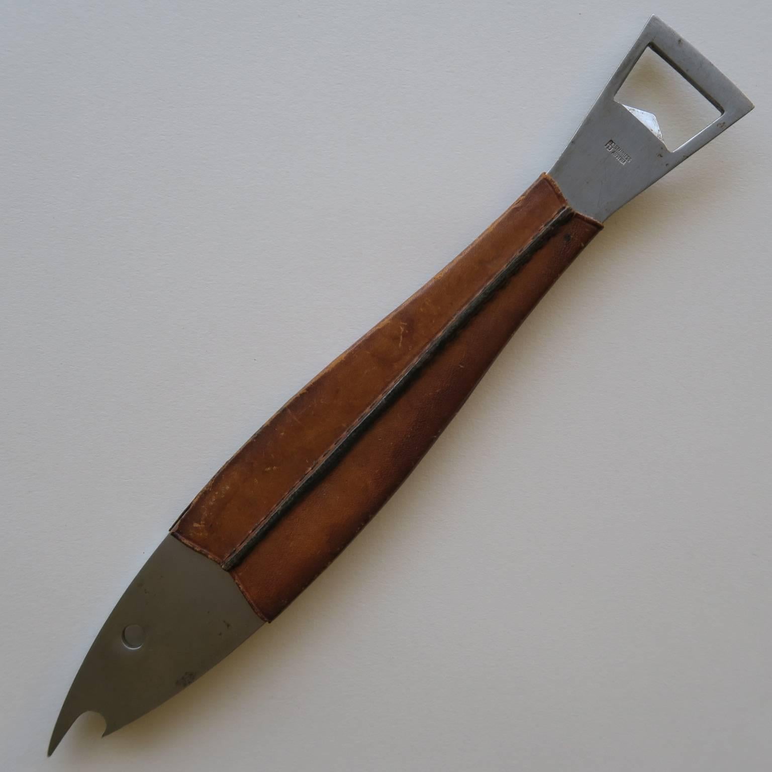 20th Century Carl Auböck 'Neptune' Bottle Opener with Brown Leather Wrapped Handle, 1960s For Sale