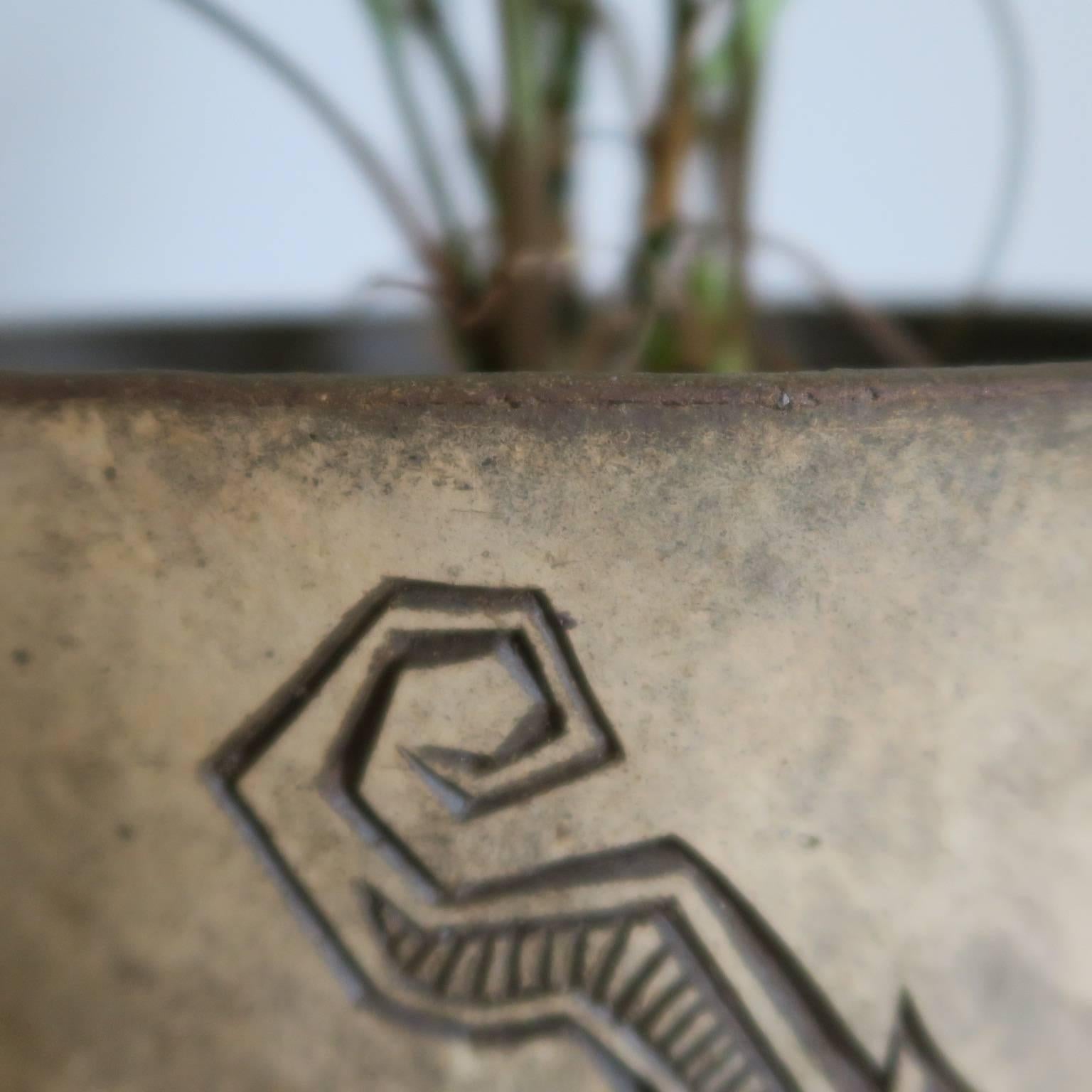 Tribal Ceramic Planter with Fish Design and Three Legs by Paolo Soleri For Sale