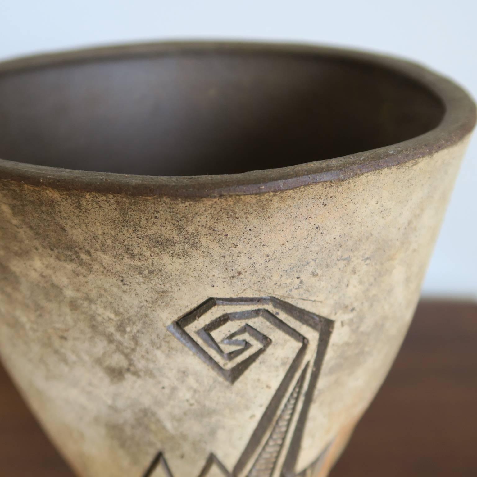 Hand-Carved Ceramic Planter with Fish Design and Three Legs by Paolo Soleri For Sale