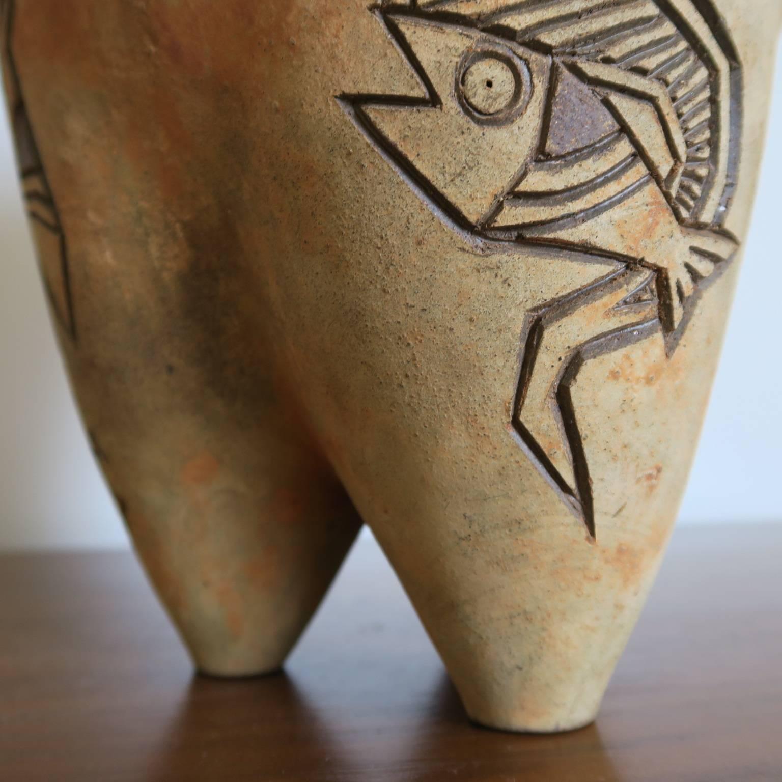 20th Century Ceramic Planter with Fish Design and Three Legs by Paolo Soleri For Sale
