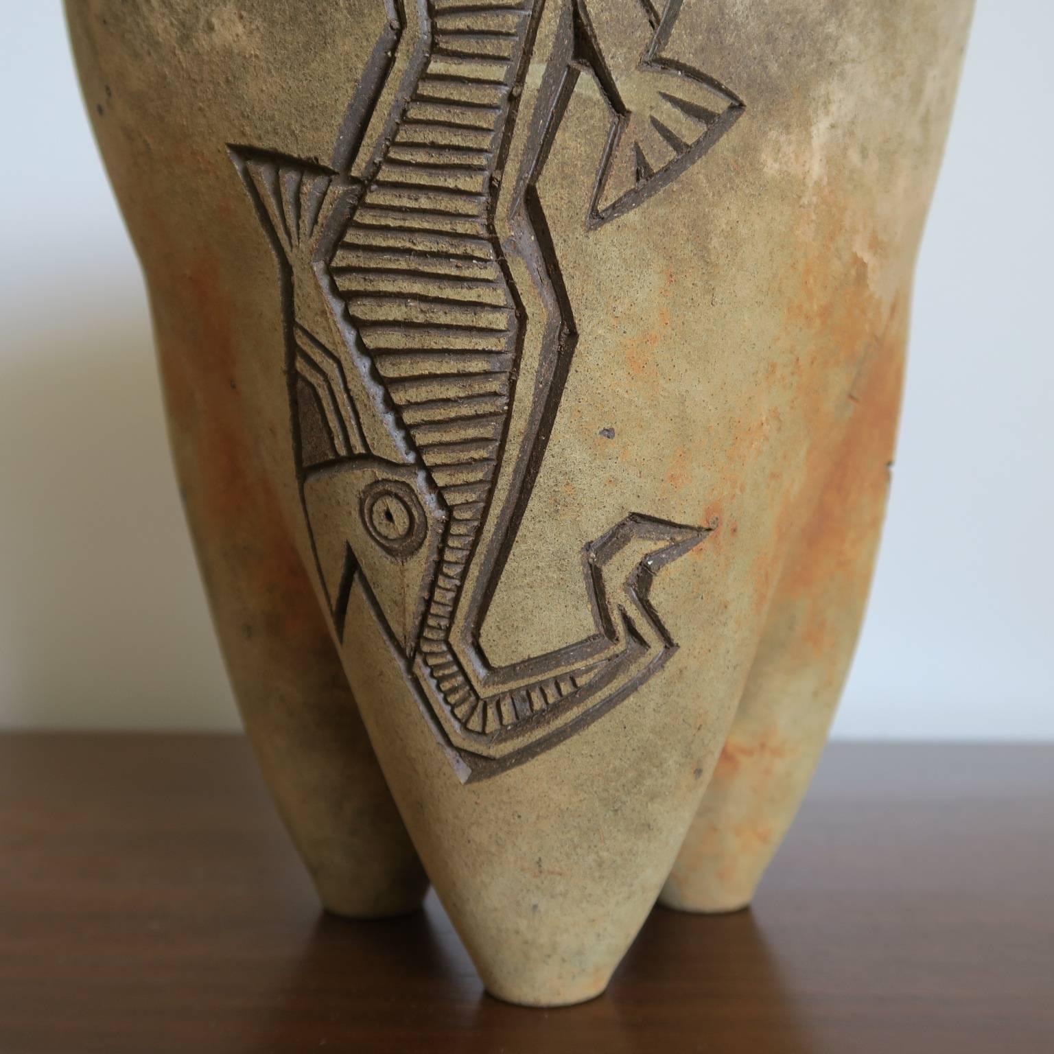 Ceramic Planter with Fish Design and Three Legs by Paolo Soleri For Sale 1