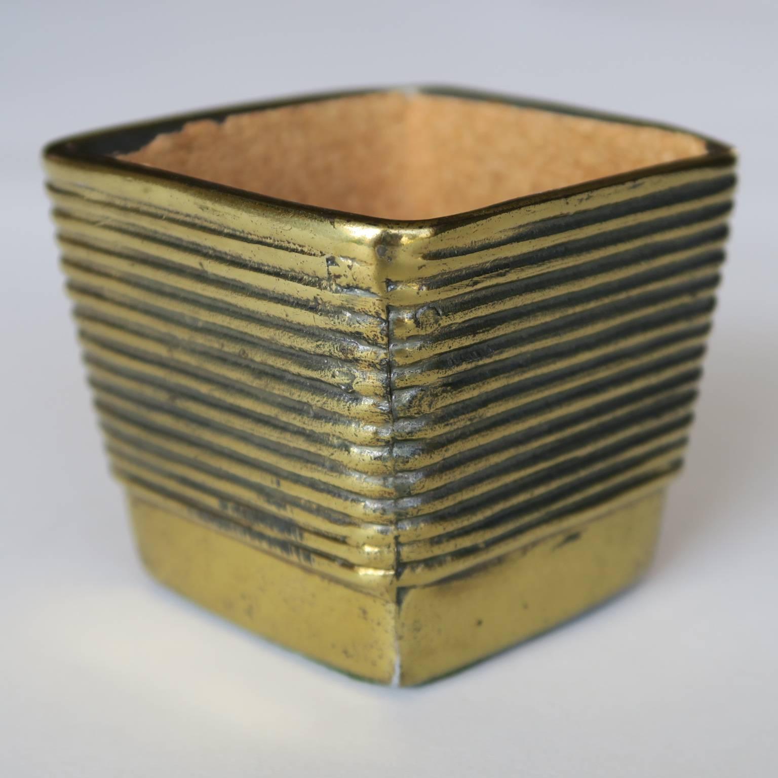 Cast Vintage Decorative Brass Plated Metal Cup with Ribbed Lines Design Square Form For Sale