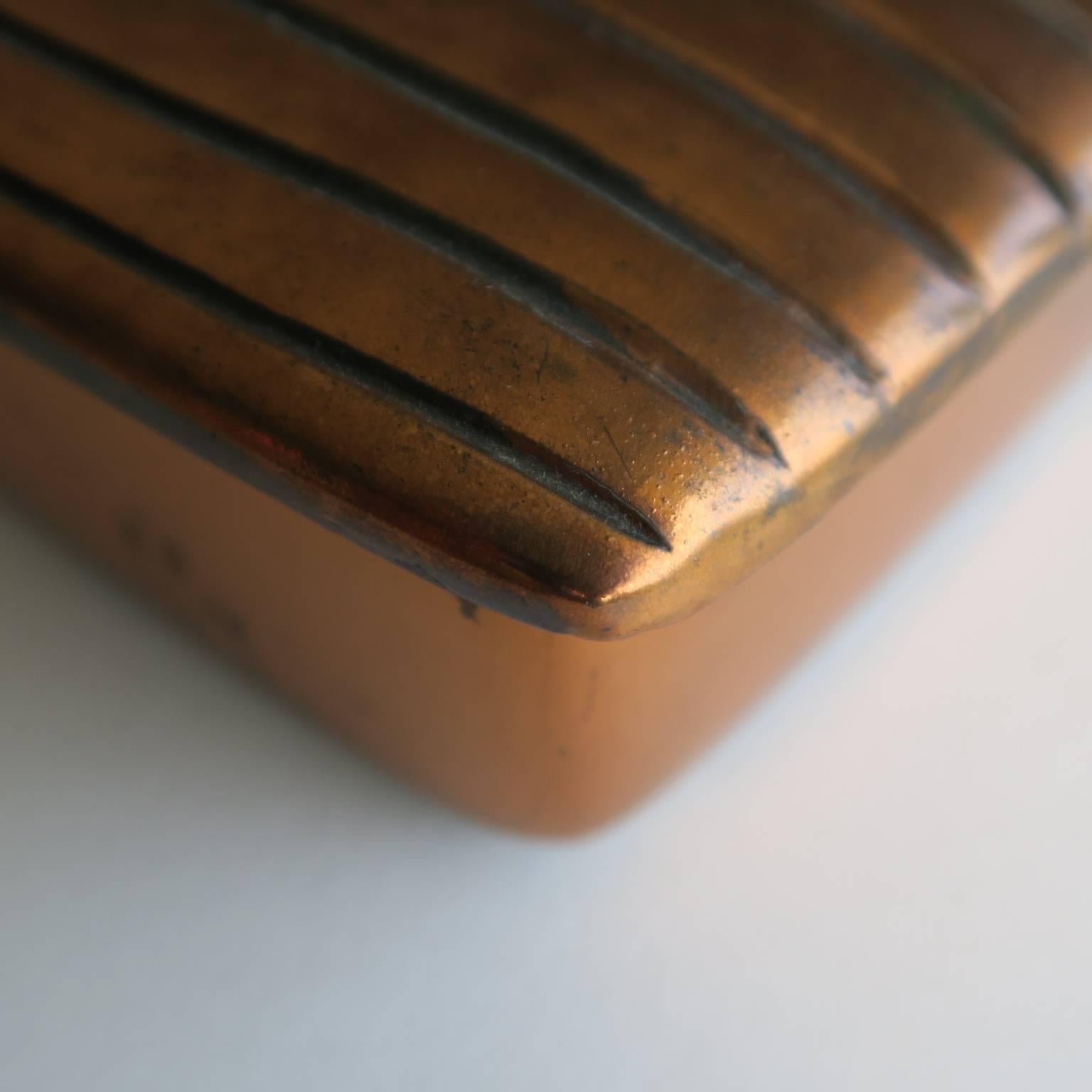 American Vintage Decorative Copper-Plated Metal Box in Rectangular Form with Lines Design For Sale