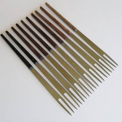 Set of Ten Vintage Modern Steel Fondue Forks with Wood Handles by Carl Auböck