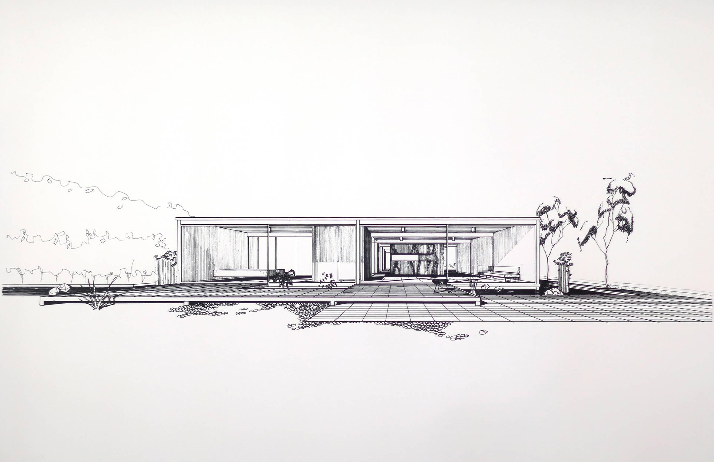 Pierre Koenig
Rendering of case study house 21 (south side), 1958
Photographic print from original line negative
Signed, Edition 1/50
The Bailey House, Los Angeles, California
Dimensions including frame: 30 high x 20 wide x 1.5 deep

