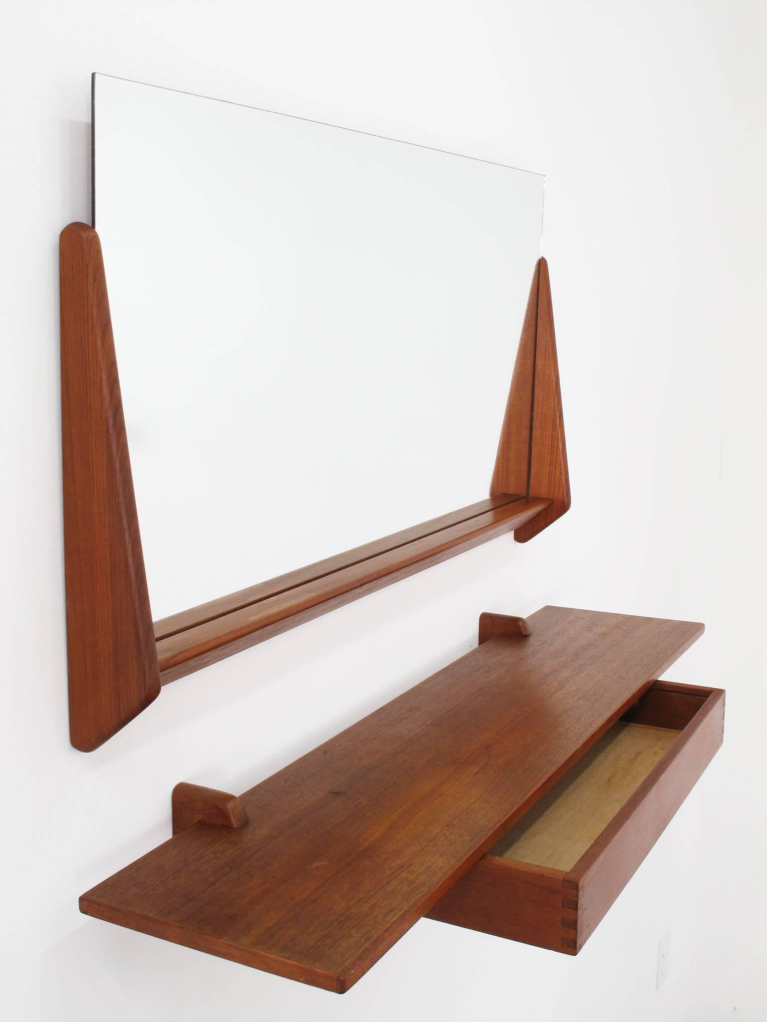 Aksel Kjersgaard Wall Mirror and Floating Shelf, Teak Wood, 1960s, Danish 2