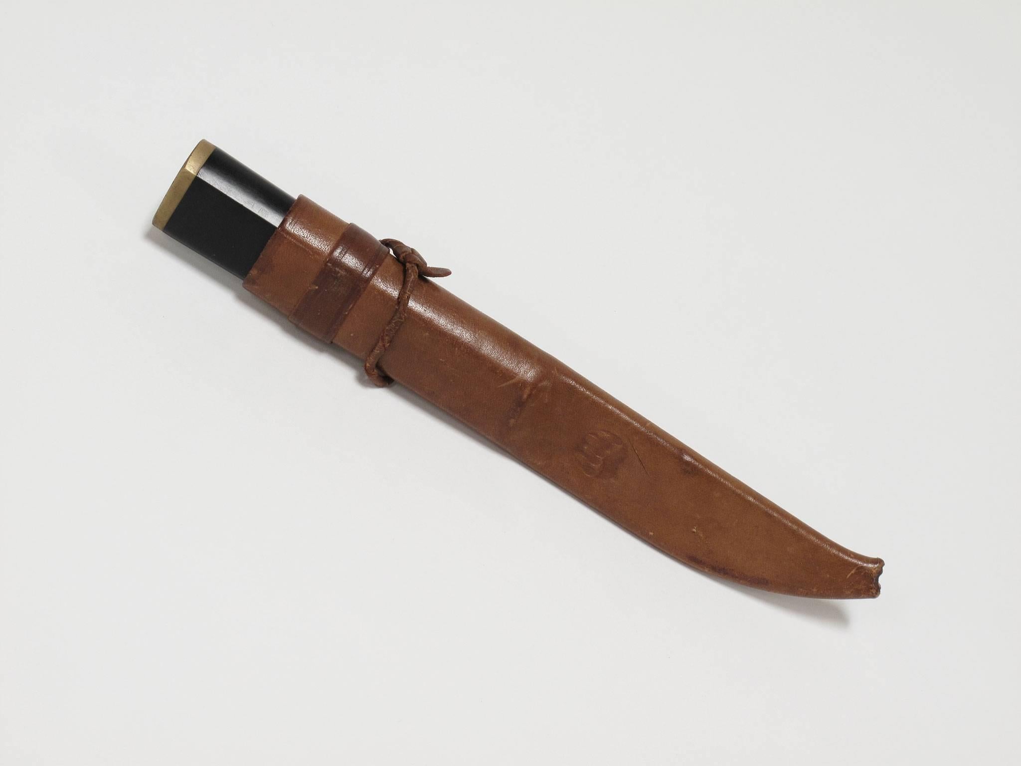 Brass Tapio Wirkkala 'Puukko' Knife and Leather Sheath, 1960s For Sale