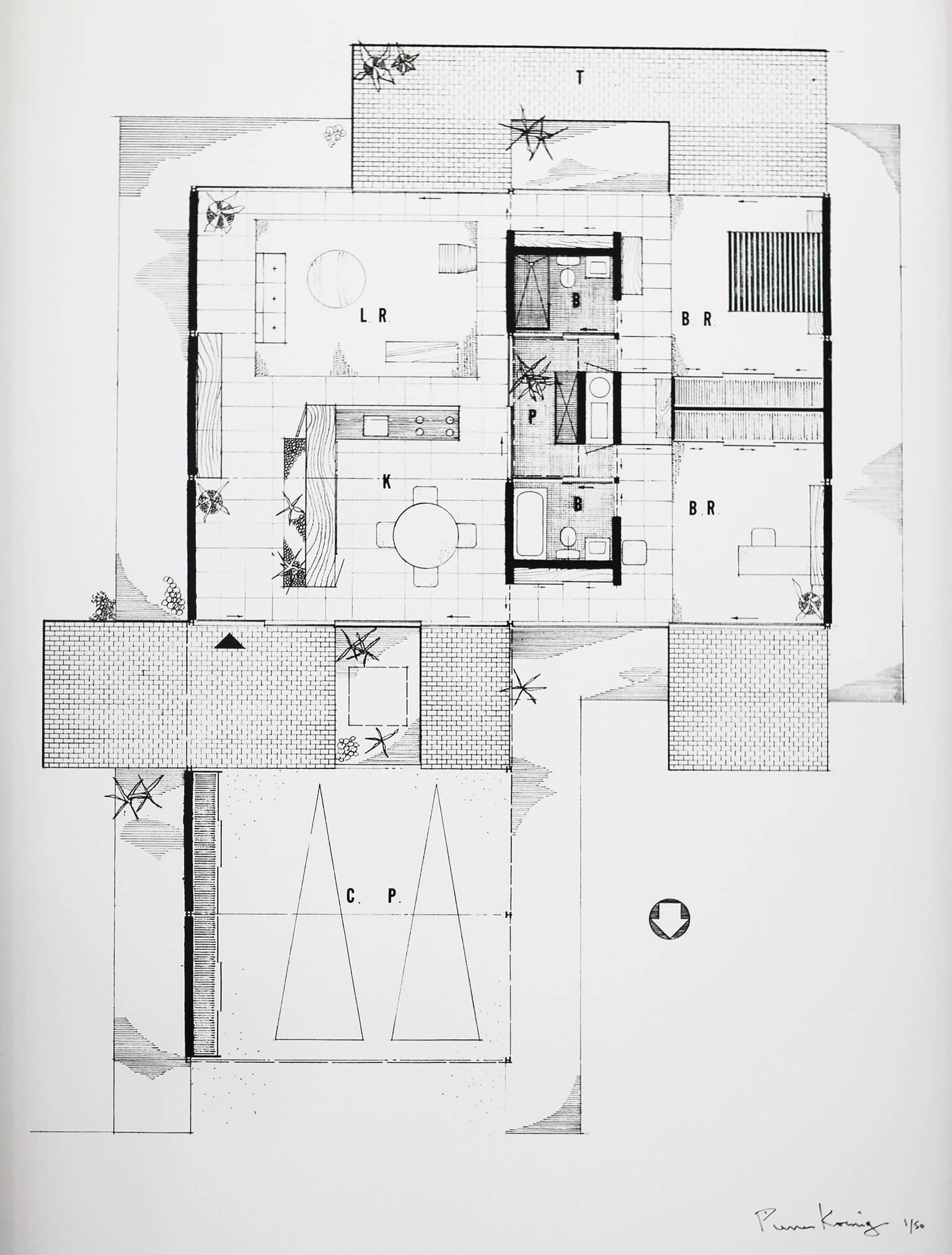 Pierre Koenig
Floor plan of Case Study House 21, 1958
Photographic print from original line negative
Signed, edition 1/50
The Bailey House, Los Angeles, California
Dimensions including frame: 30 high x 20 wide x 1.5 deep inches
