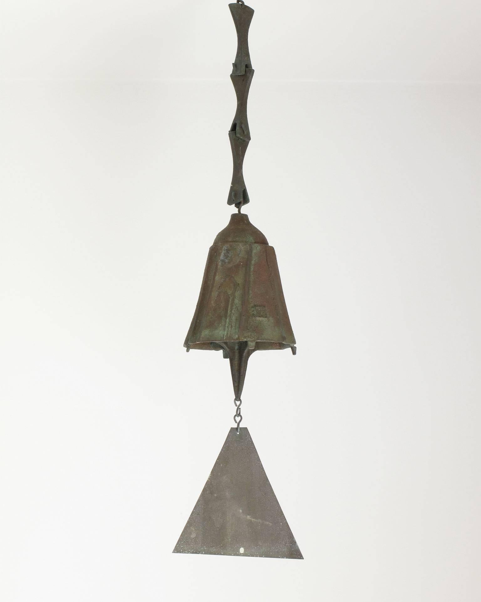 Paolo Soleri
Wind chime bell, solid cast bronze, heavily patinated surface
Signed with Arcosanti square emblem
Arizona, 1970s
Dimensions: 23.5 high x 5 diameter inches
Condition: Good vintage, fascinating patina
 