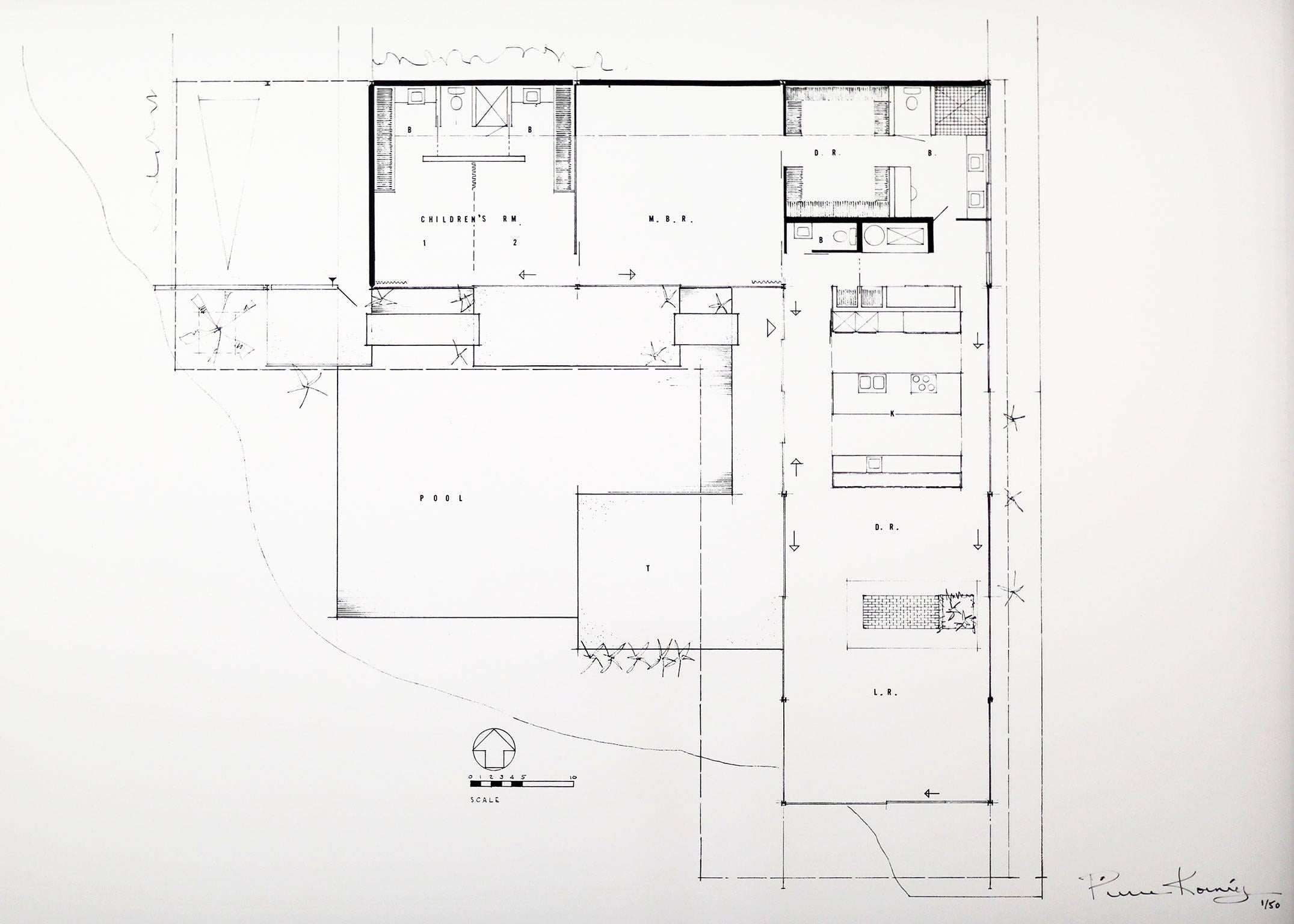 Rendering der modernen kalifornischen Architektur des Fallbeispiels Haus 22 (Südseite) des Architekten Pierre Koenig aus Los Angeles. Fotografischer Abzug vom Originalnegativ, signiert, Auflage 1/50, 1958. Abmessungen einschließlich Rahmen: 20 hoch