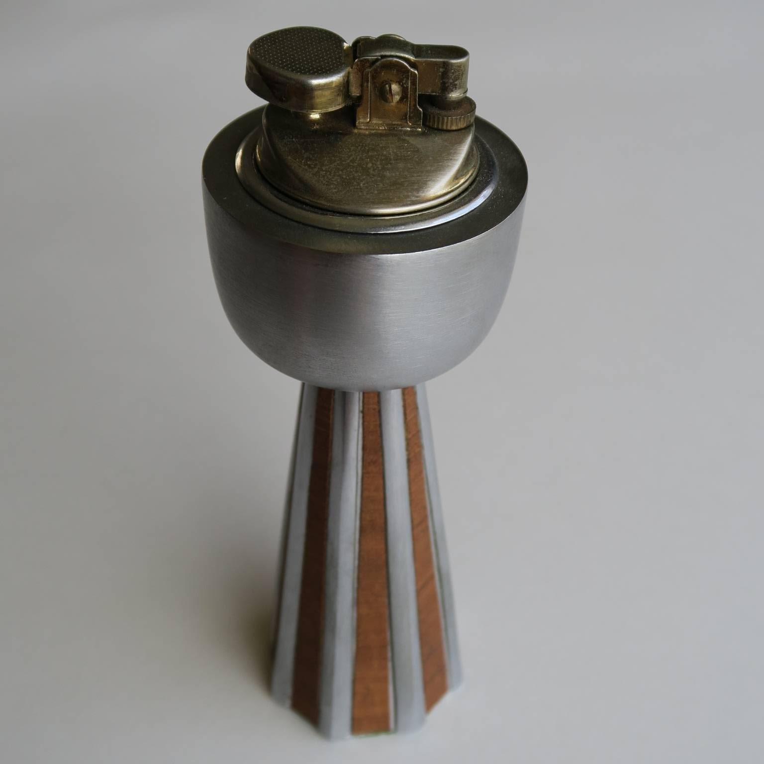 Vintage American Modern Brushed Silver and Wood Table Top Lighter by Ben Seibel For Sale 3