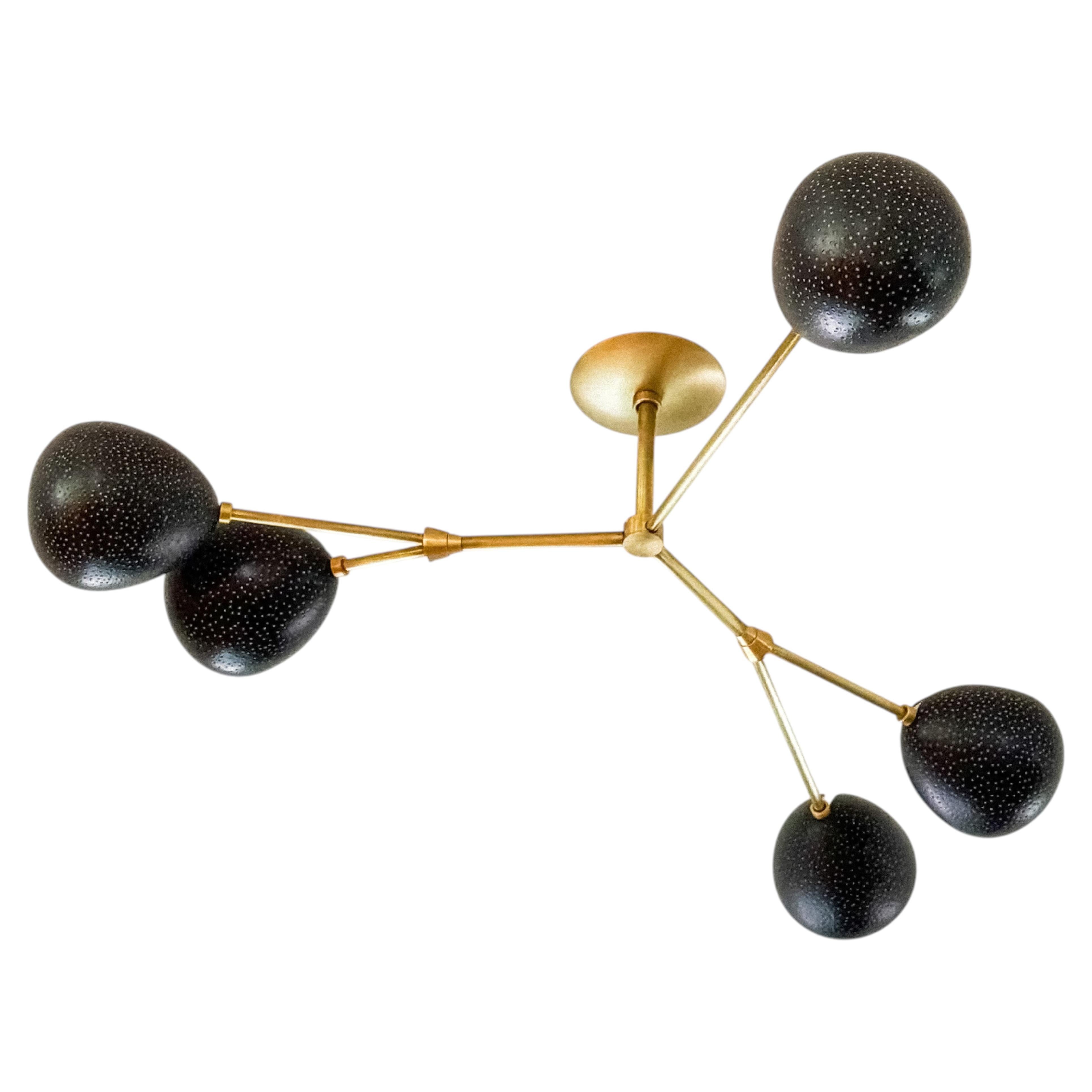 Vine Five- Black Dot, Ceramic Shades: Semi-Flush Mount Brass Chandelier For Sale