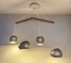 Claylight Tune: Modern Four Shade Chandelier, Handmade with Ceramic & Walnut