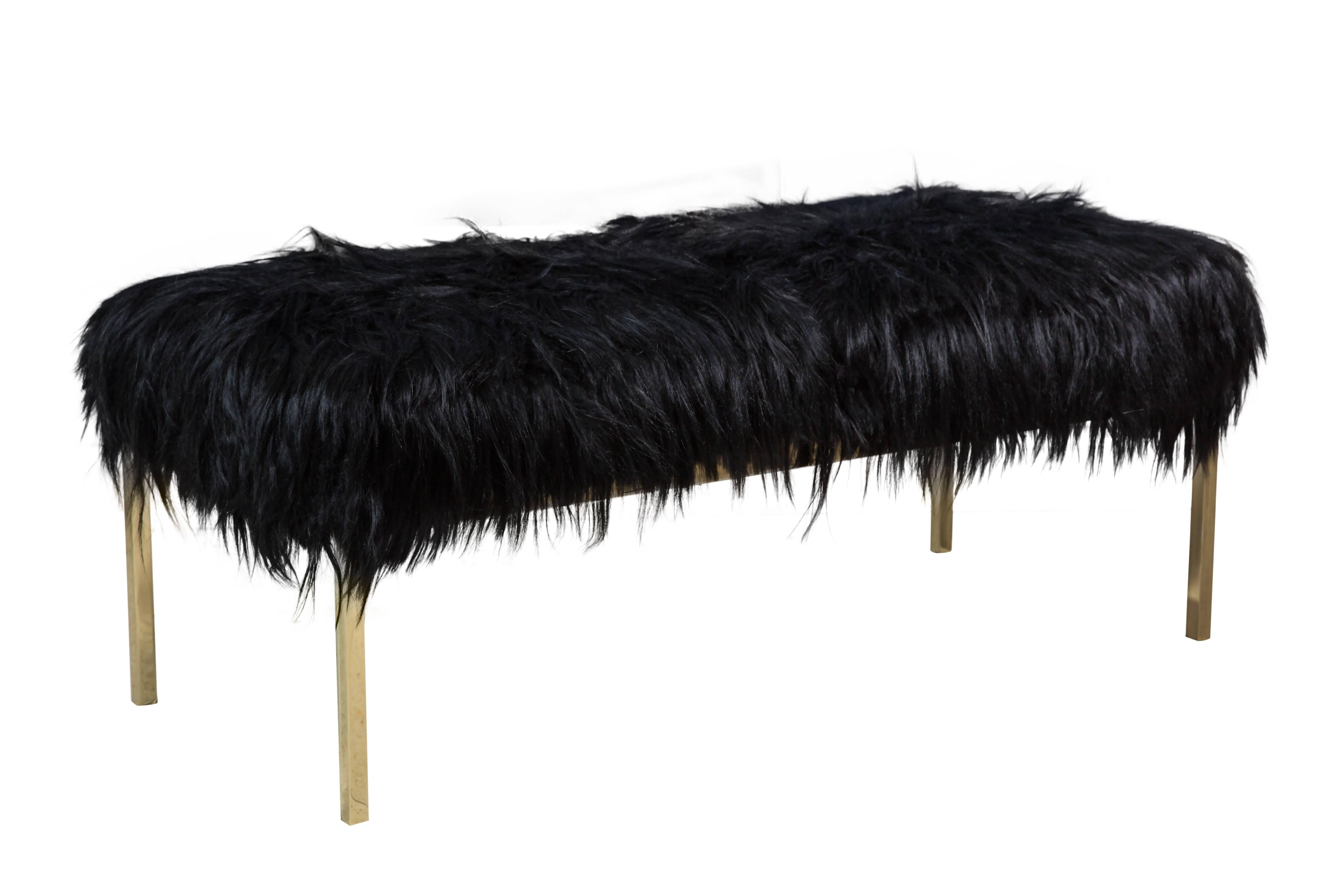 Chic pair of polished brass benches designed by Arthur Elrod, 1960s. Newly re-plated and upholstered in black goat fur. Excellent restored condition.  