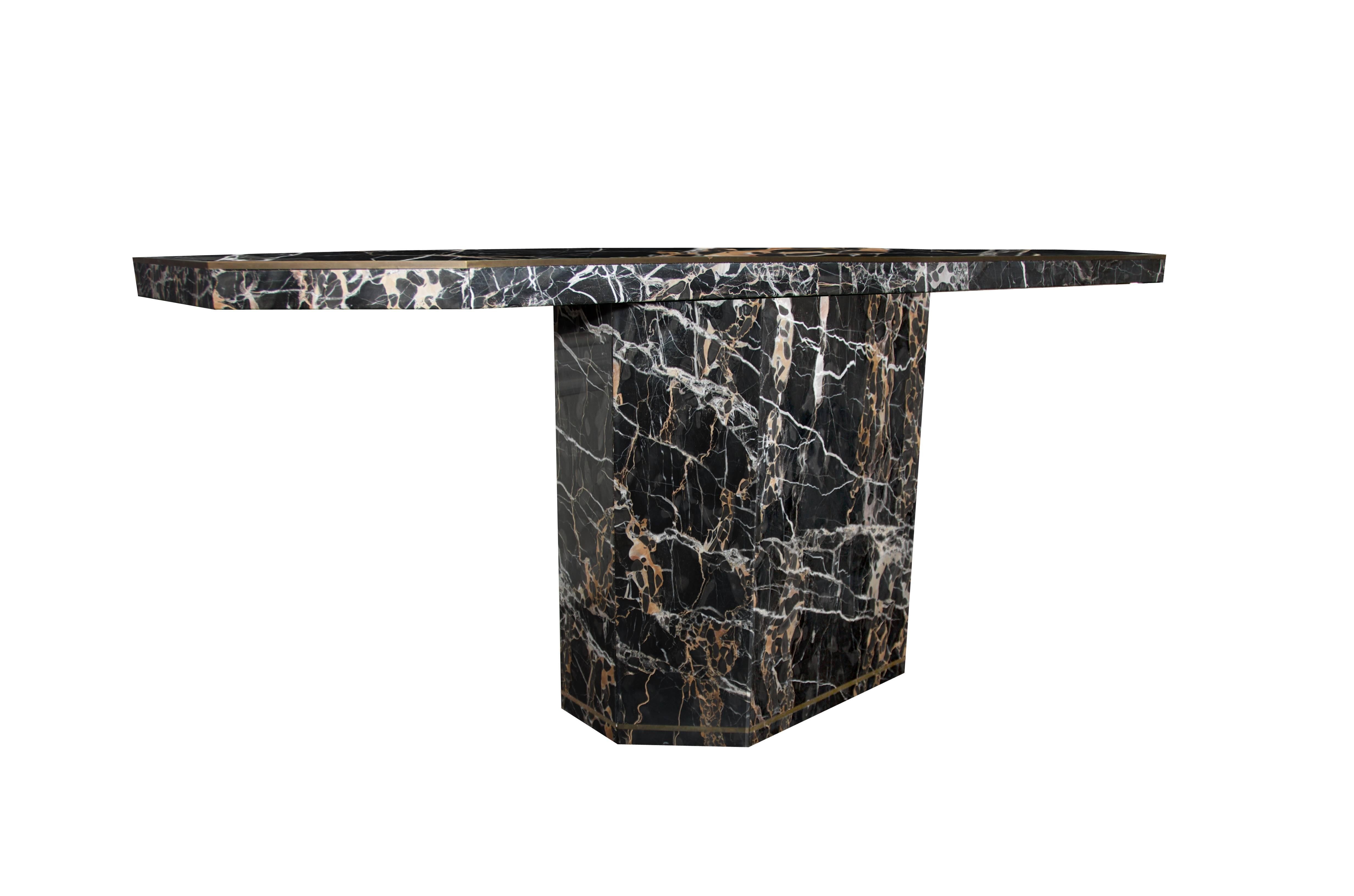 Chic Portoro marble console with brass band detailing attributed to Willy Rizzo. Made in Italy.