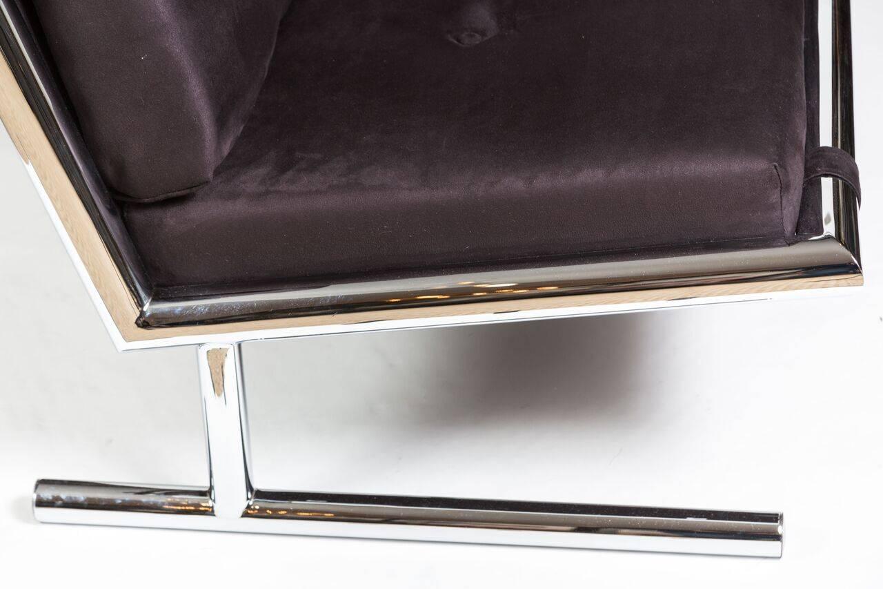 American Fabulous Settee and Pair of Ottomans in Polished Chrome & Ultrasuede