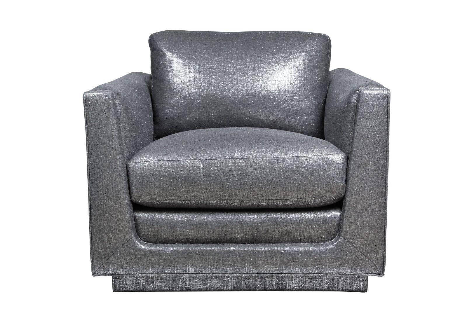 Incredibly chic pair of club chairs designed by Arthur Elrod for the Cody House in Palm Springs, circa 1960s. Re-imagined in a glamorous metallic grey linen.
A sofa that is part of the suite is listed separately.  
