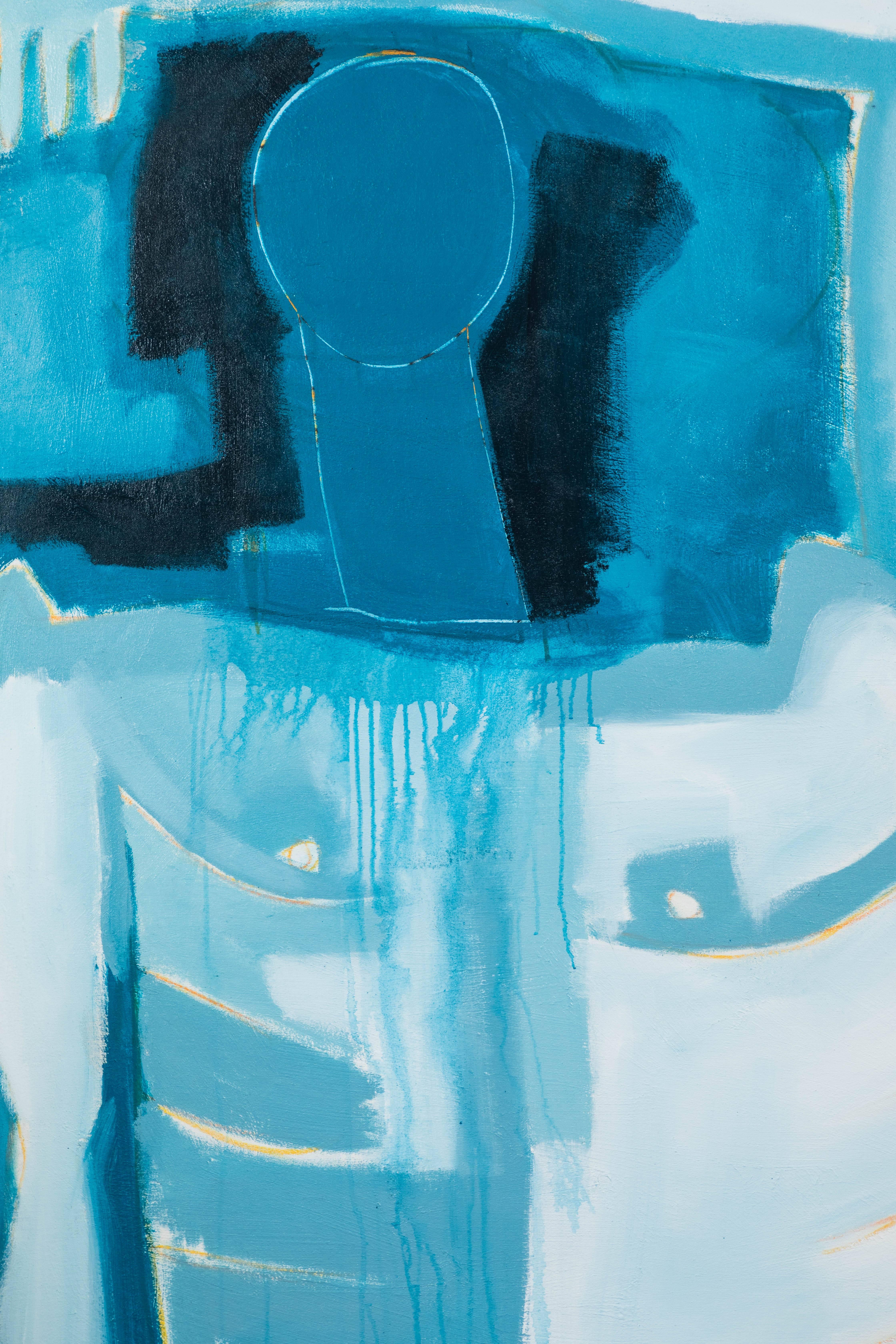 Nu masculin bleu abstrait à grande échelle de l'artiste renommé Shawn Savage. Acrylique sur toile. Nouvellement encadré dans un cadre flottant noir mat.