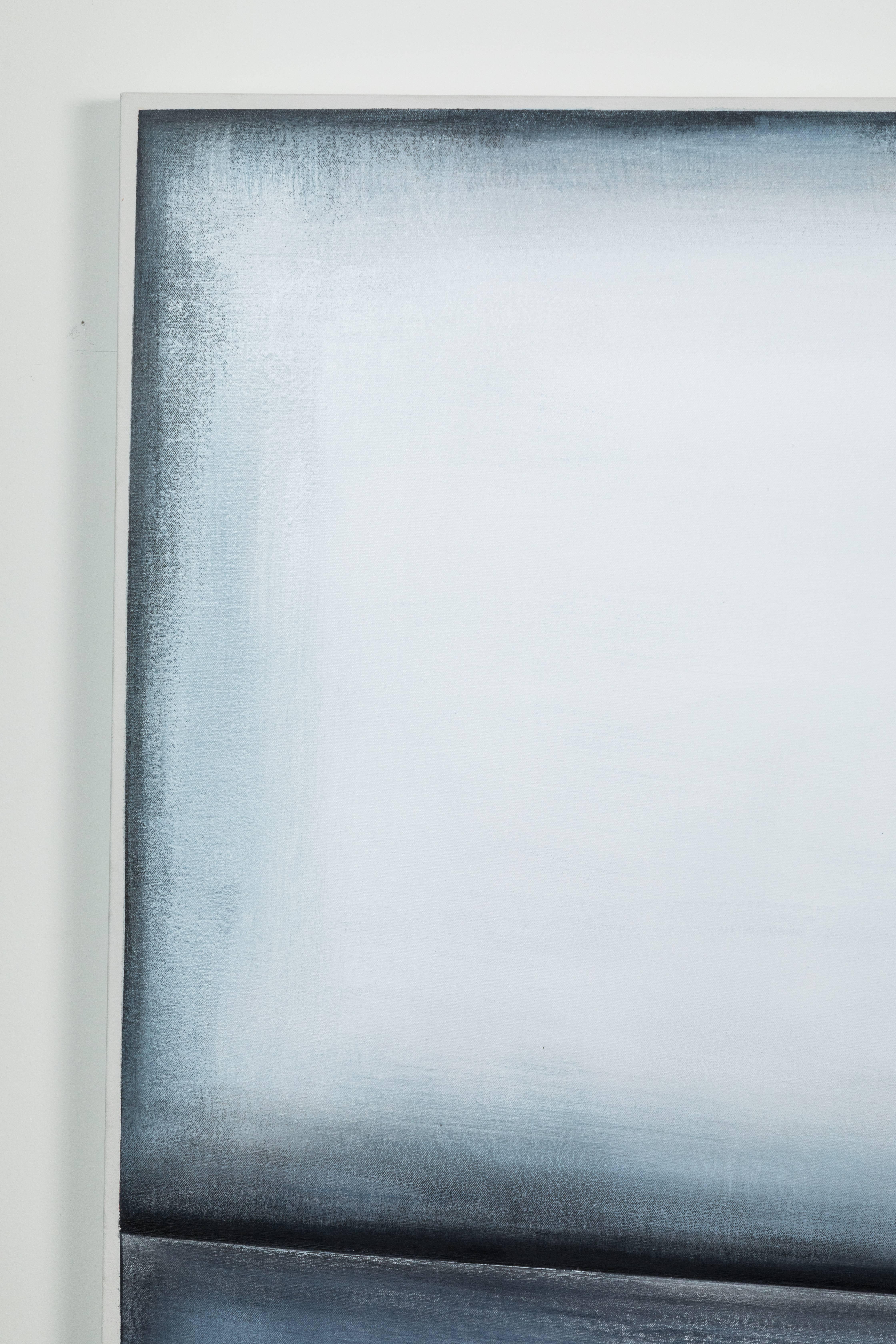 Large, bold, abstract, acrylic on canvas by artist Michele Tholen. Shades of blue-grays, charcoals and white are painted in colorblock fashion, reminiscent of the style of Mark Rothko. Although the canvas is photographed vertically, it may be