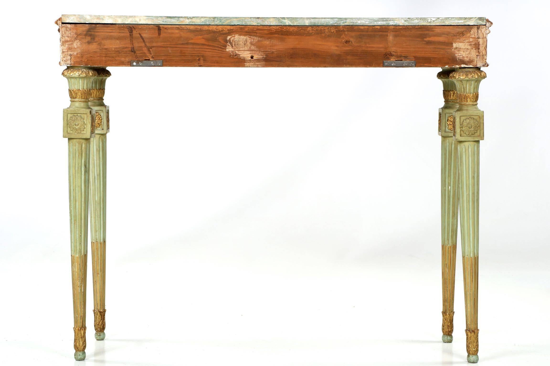 French Louis XVI Style Green Painted Antique Marble-Top Console Table and Mirror 3