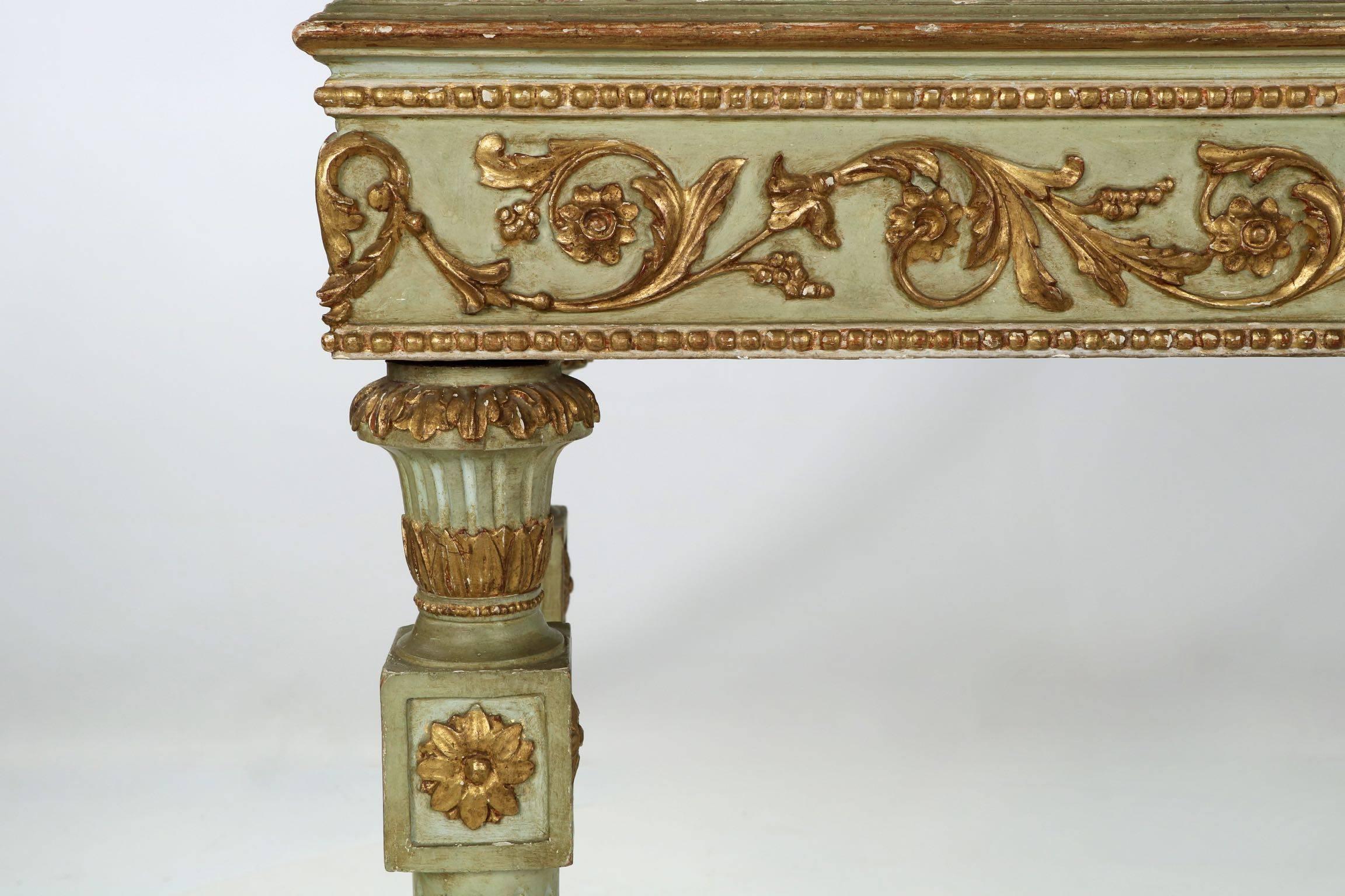19th Century French Louis XVI Style Green Painted Antique Marble-Top Console Table and Mirror