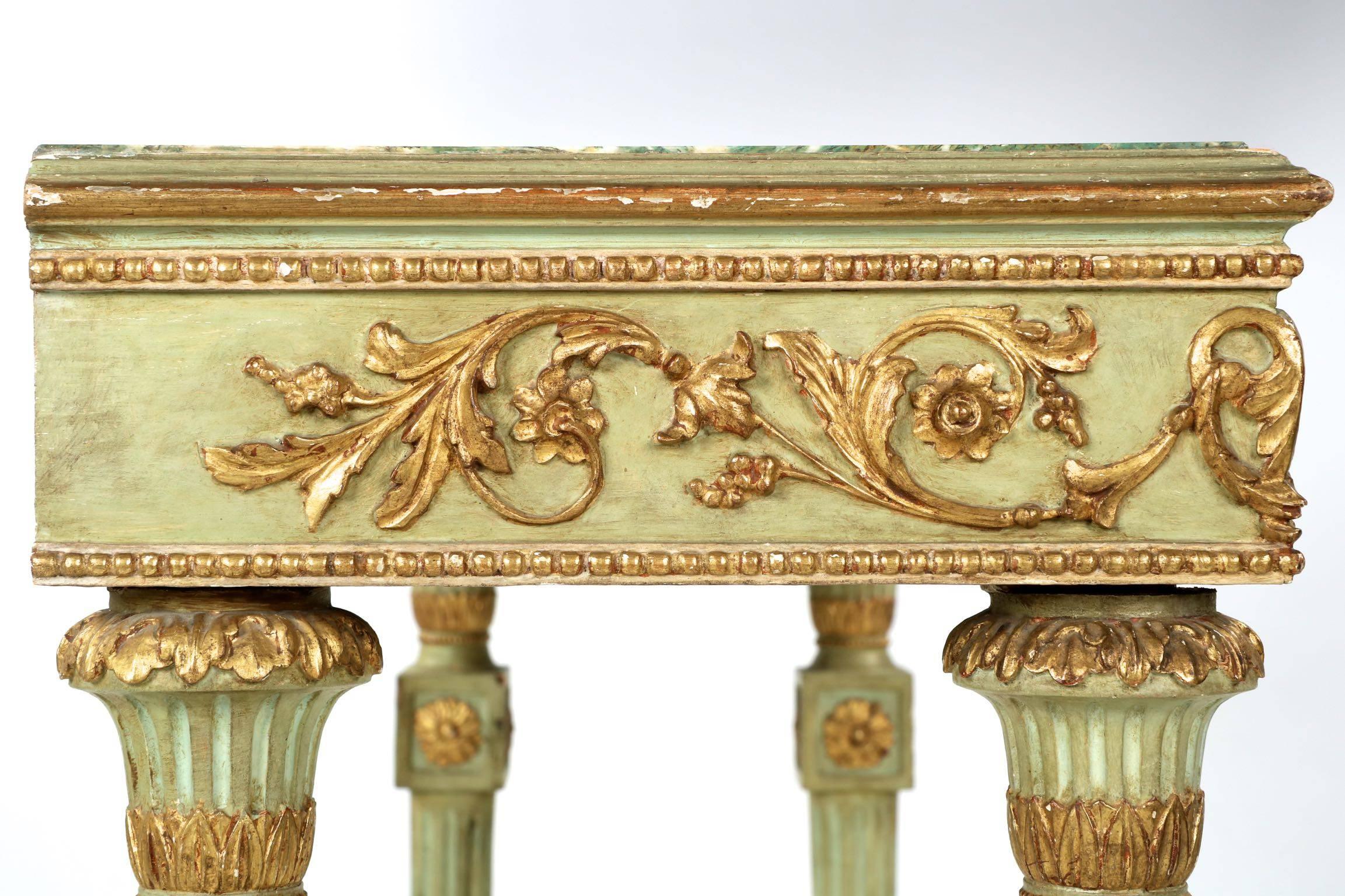 French Louis XVI Style Green Painted Antique Marble-Top Console Table and Mirror 2