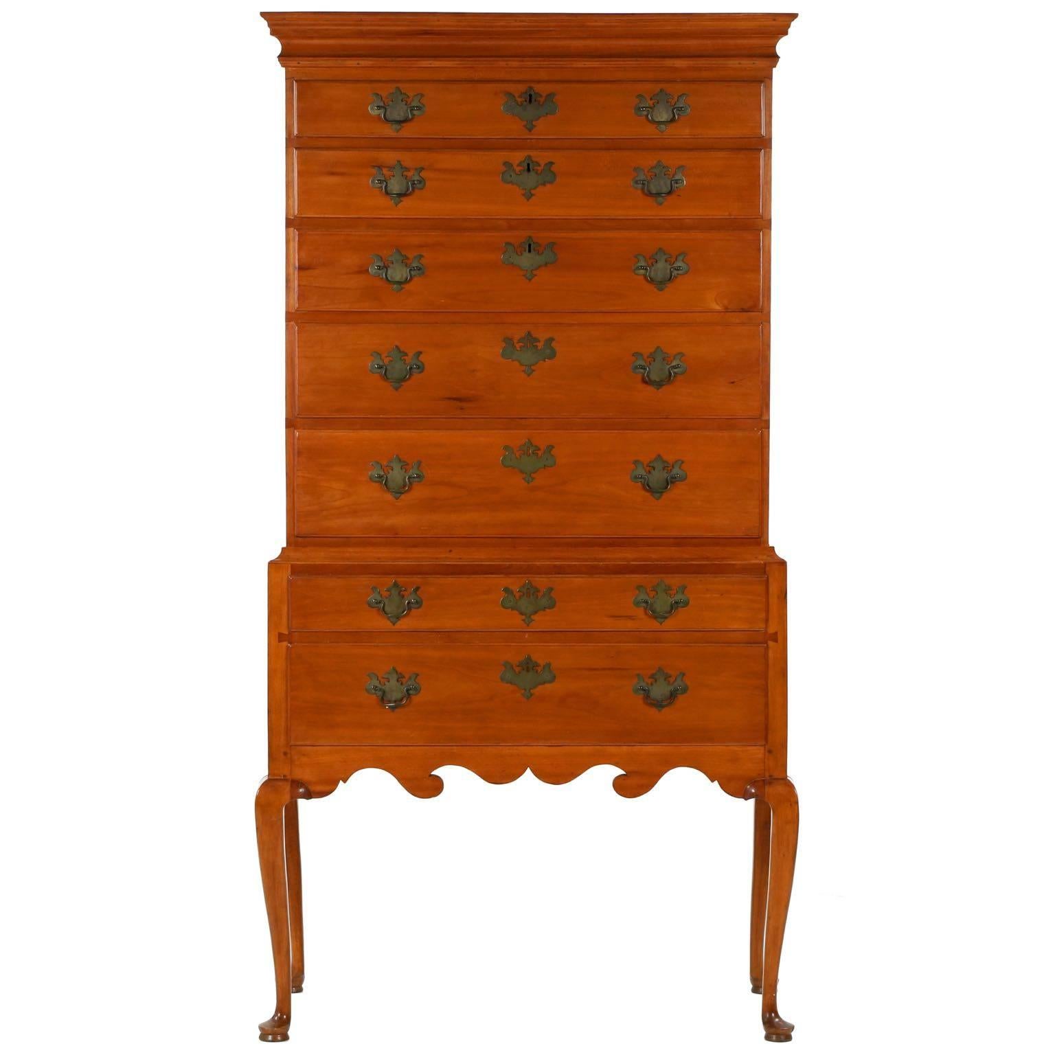 Pine Fine American Queen Anne Cherry Highboy Chest of Drawers, New England
