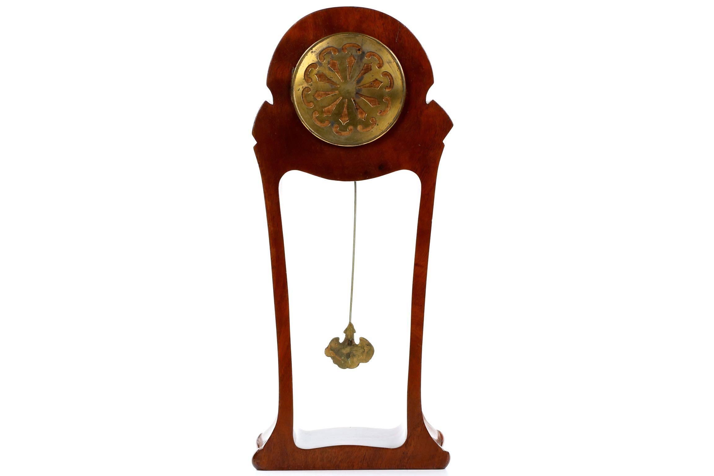 Brass Maurice Dufrène Art Nouveau Carved Mahogany Table Mantel Clock, Marti