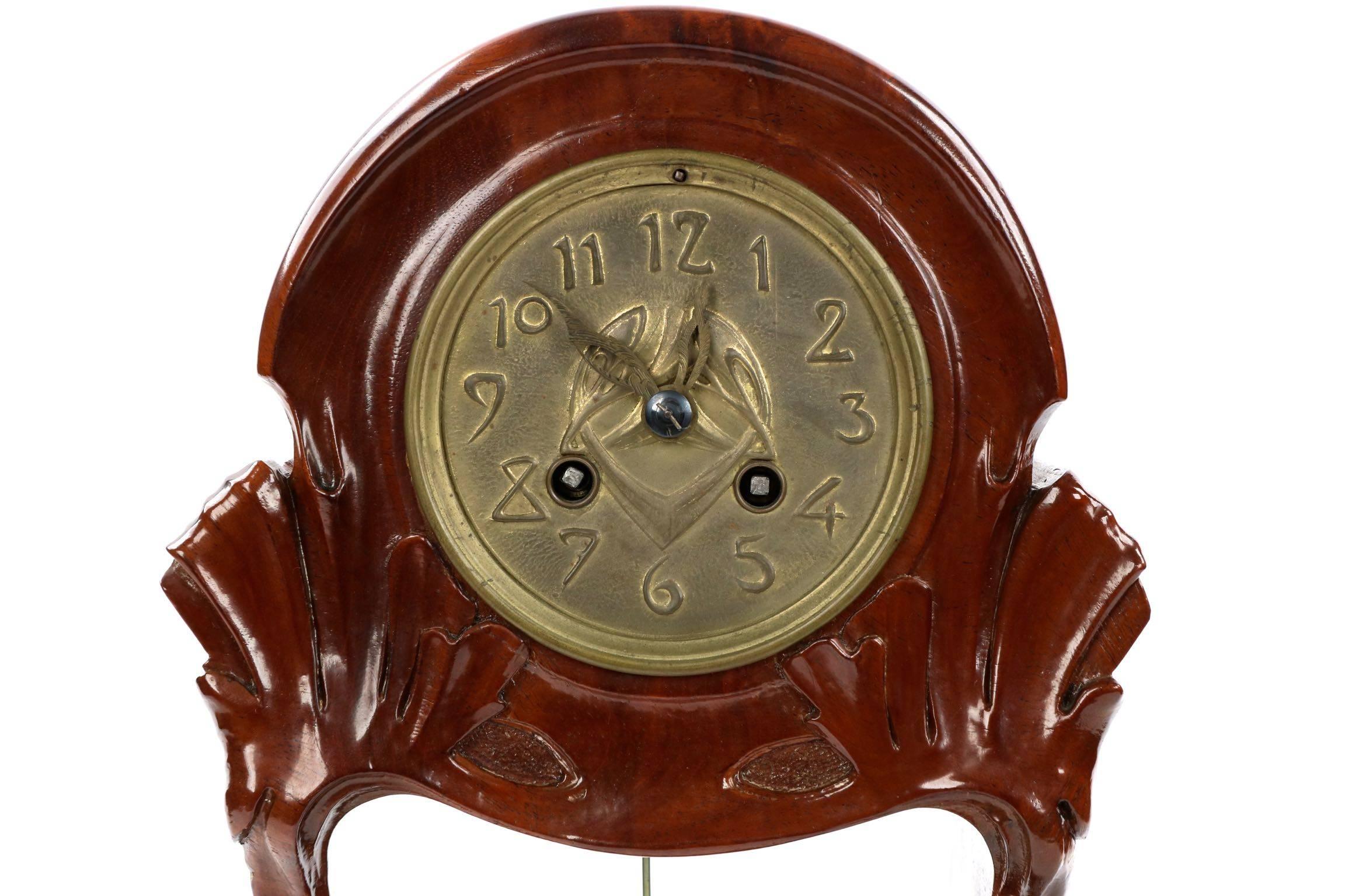 French Maurice Dufrène Art Nouveau Carved Mahogany Table Mantel Clock, Marti