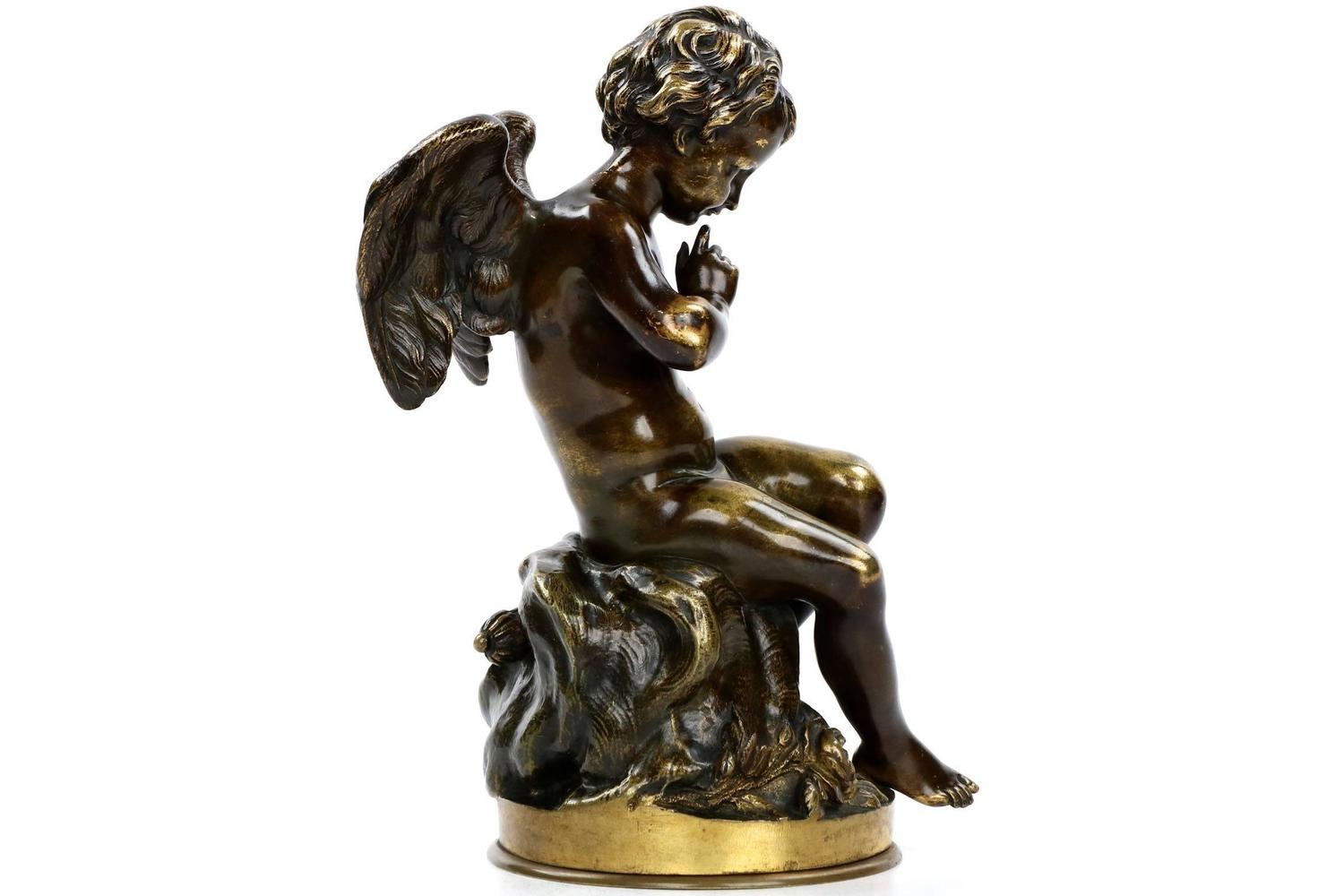 French Antique Bronze Sculpture of Seated Cupid "Jeunes" after Charles