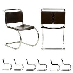Set of Eight Mies Van Der Rohe Mr-10 Leather and Chrome Dining Chairs by Knoll