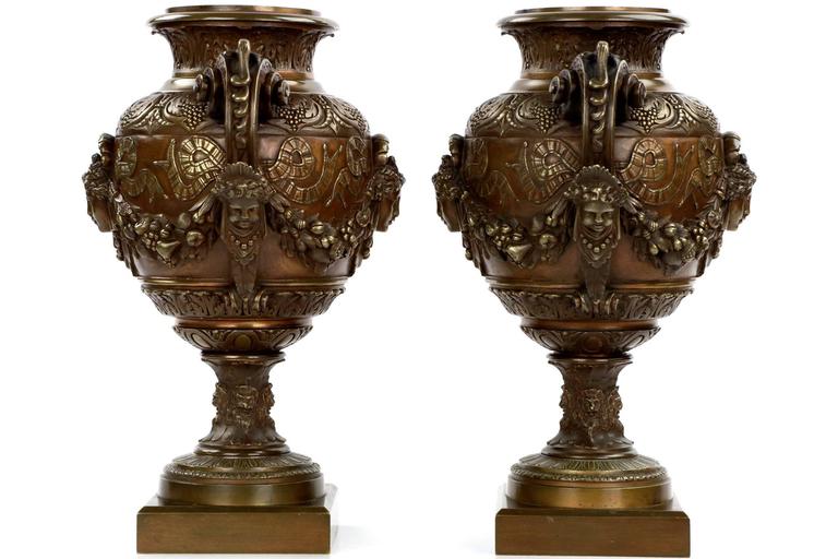 Pair of French Napoleon III Antique Bronze Garniture Urn Vases, 19th