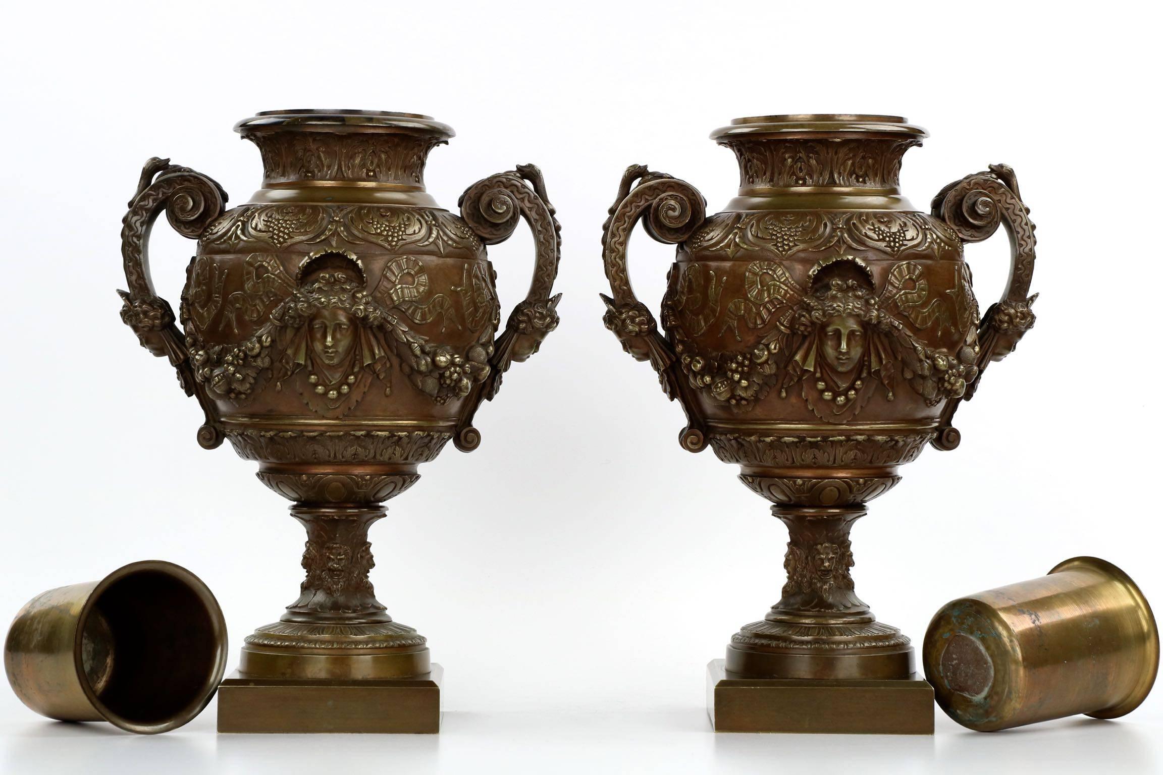 Patinated Pair of French Napoleon III Antique Bronze Garniture Urn Vases, 19th Century