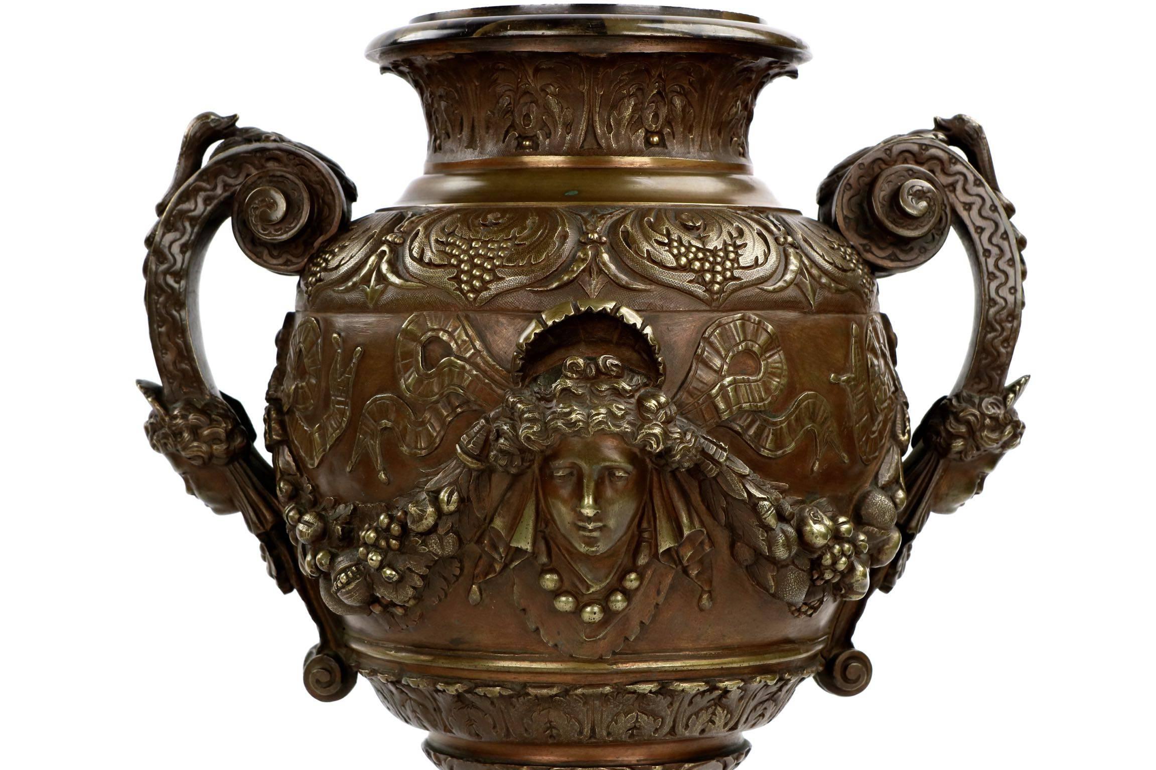 Pair of French Napoleon III Antique Bronze Garniture Urn Vases, 19th Century In Excellent Condition In Shippensburg, PA