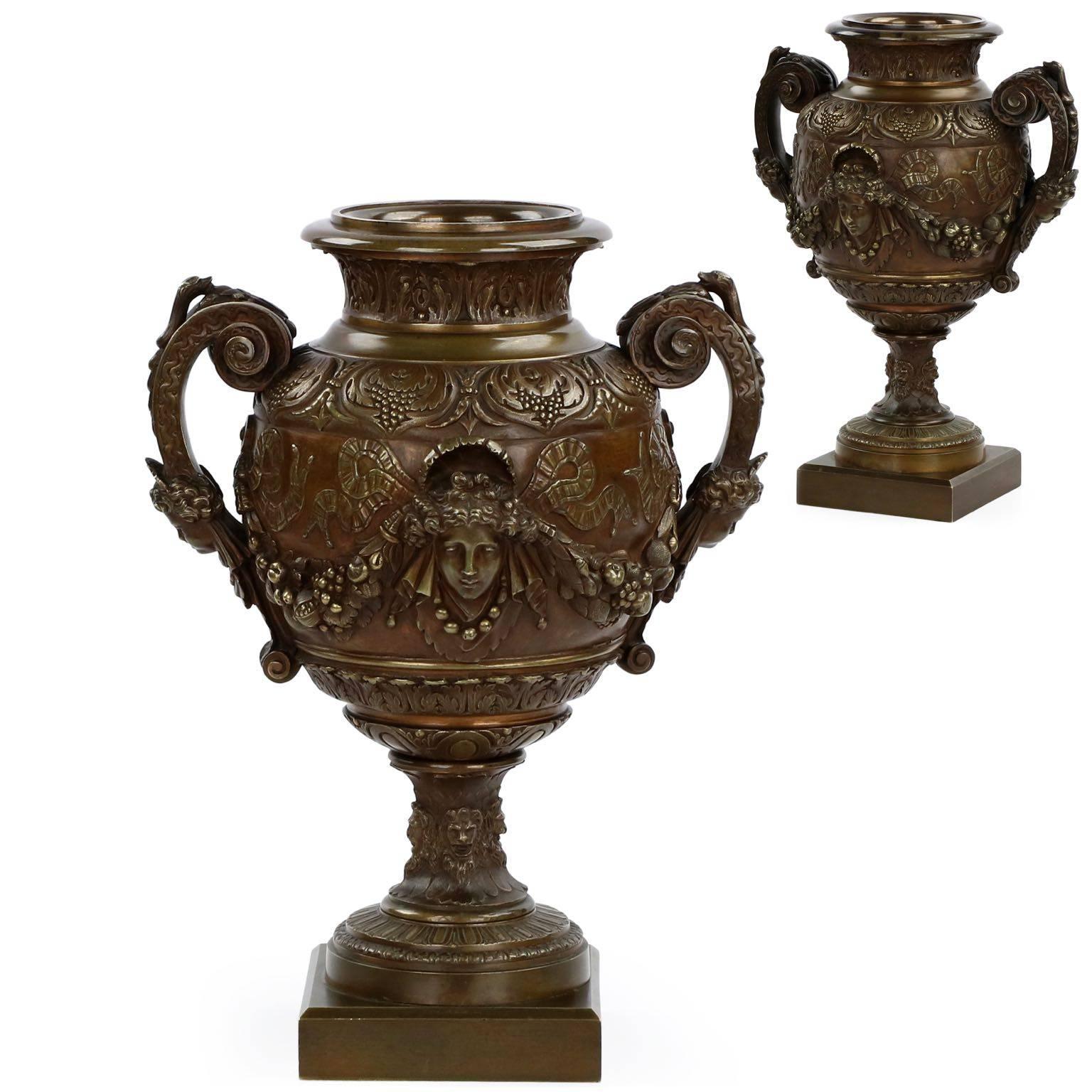 Pair of French Napoleon III Antique Bronze Garniture Urn Vases, 19th Century