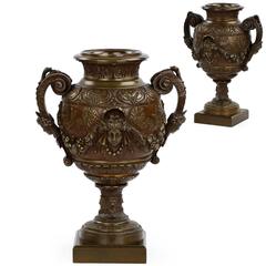 Pair of French Napoleon III Antique Bronze Garniture Urn Vases, 19th Century