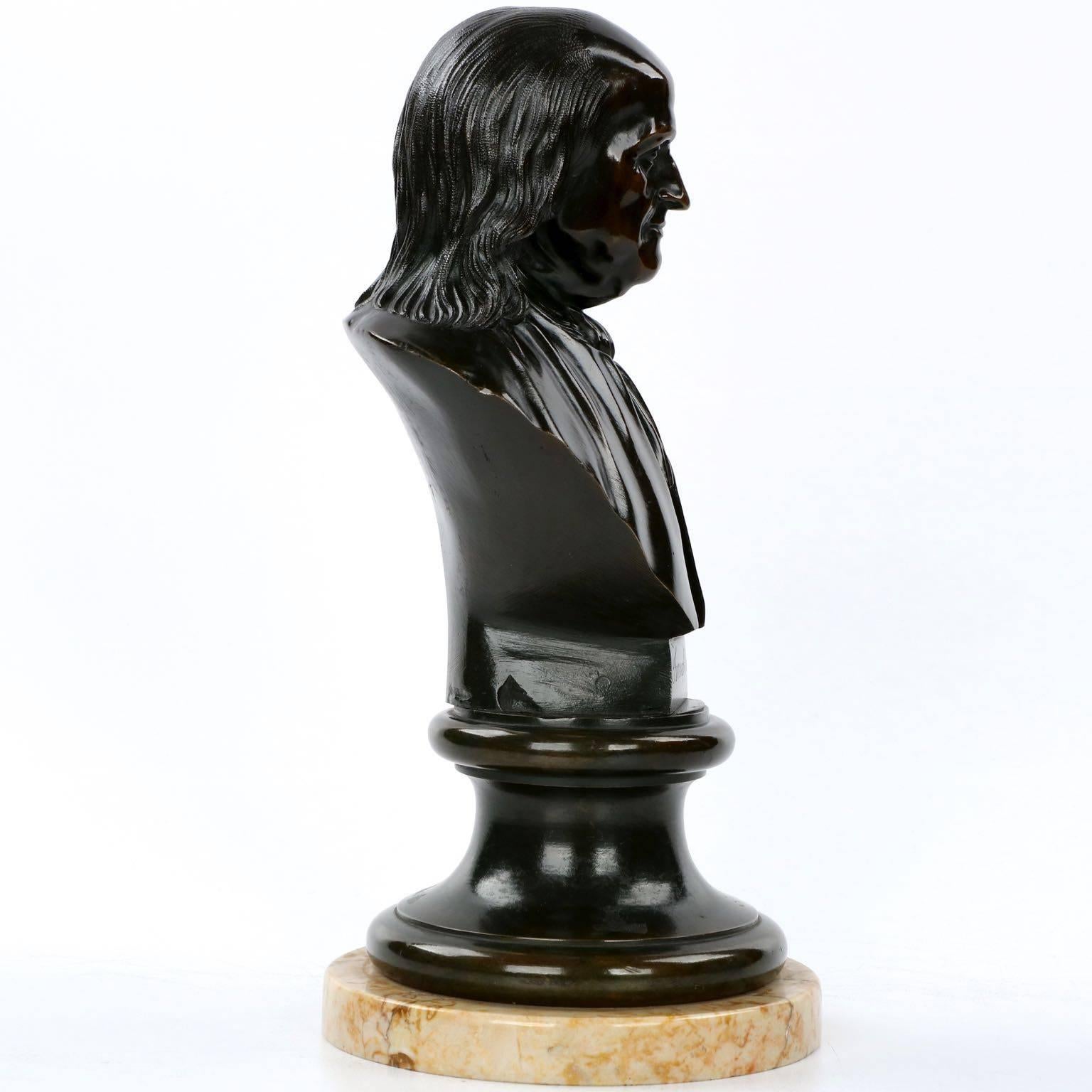 A most crisp casting of Benjamin Franklin, this gorgeous work of art features a surface positively devoid of casting blemish, the chasing and filing of details indicative of a highly skilled finisher. His hair is chiseled with such clarity, the
