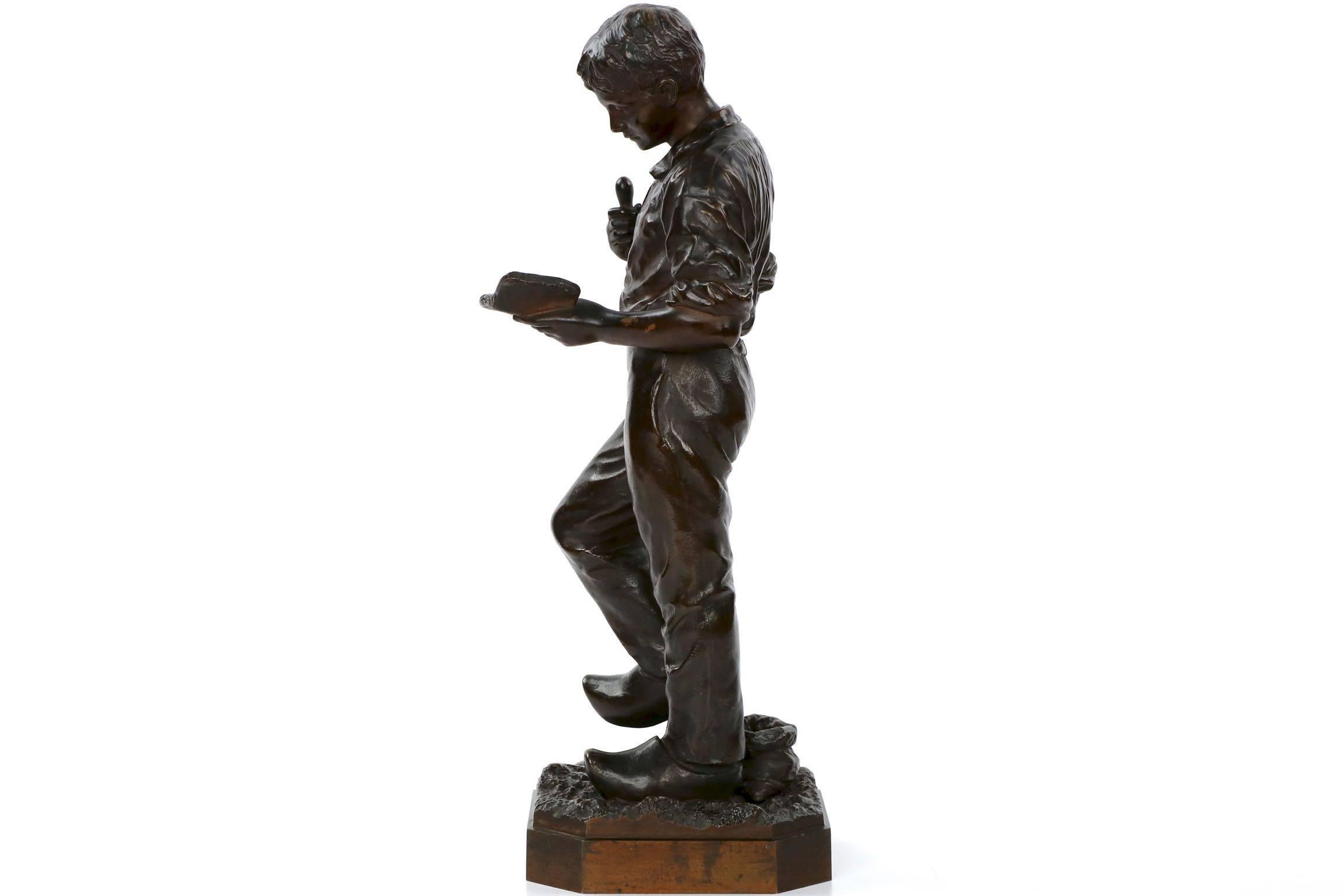 20th Century French Bronze Sculpture of Laborer Studying by Hippolyte Peyrol
